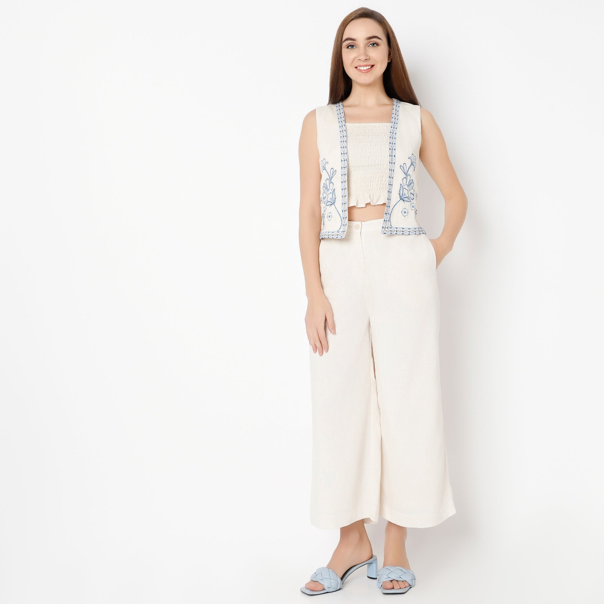 Embroidered Square Neck Vest Sleeveless Crop Top with Pant & with Shrug Set