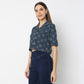 Straight Fit Bandhani Glam Camp Collar Printed Crop Top