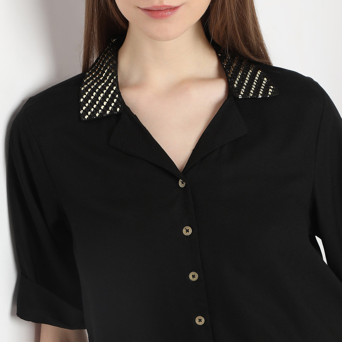 Solid Top with Embellished Collar Crop Top