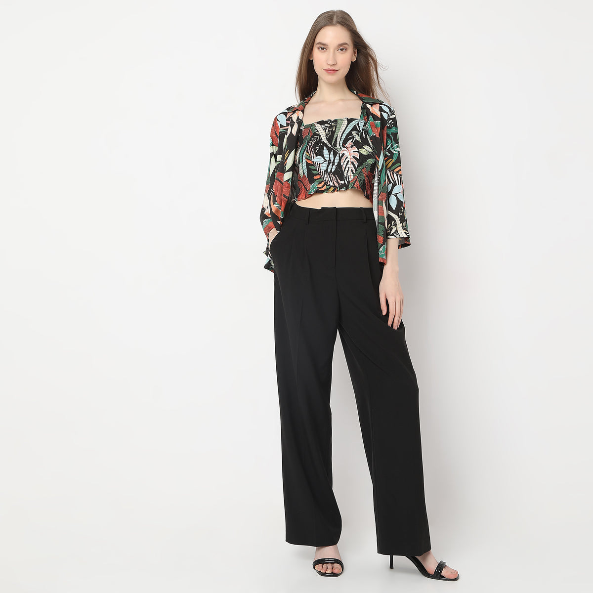 Straight Fit Printed Camp Collar Ruched Top