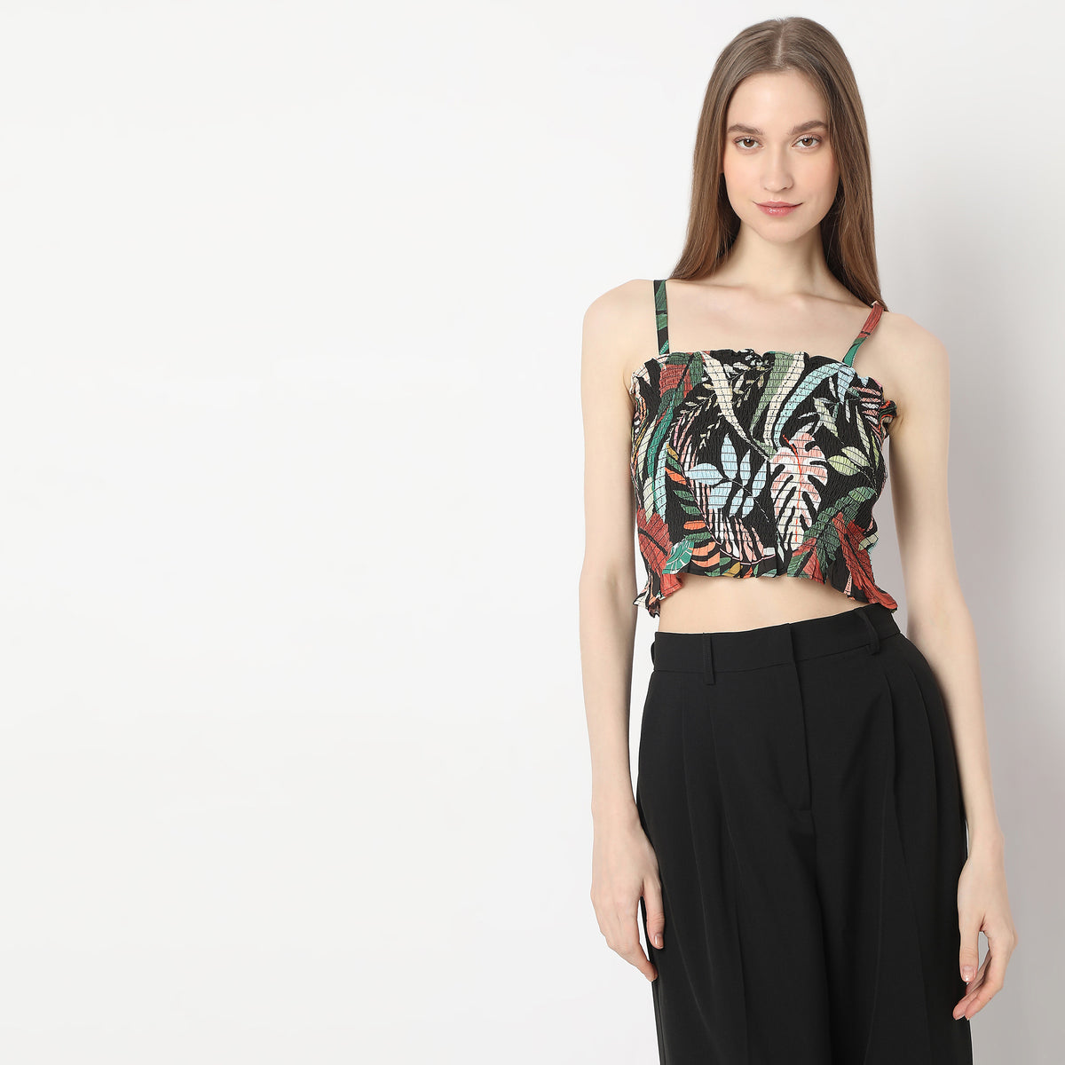 Straight Fit Printed Camp Collar Ruched Top