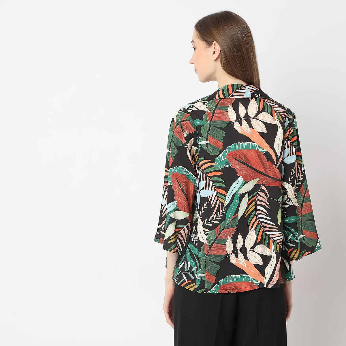 Straight Fit Printed Camp Collar Ruched Top