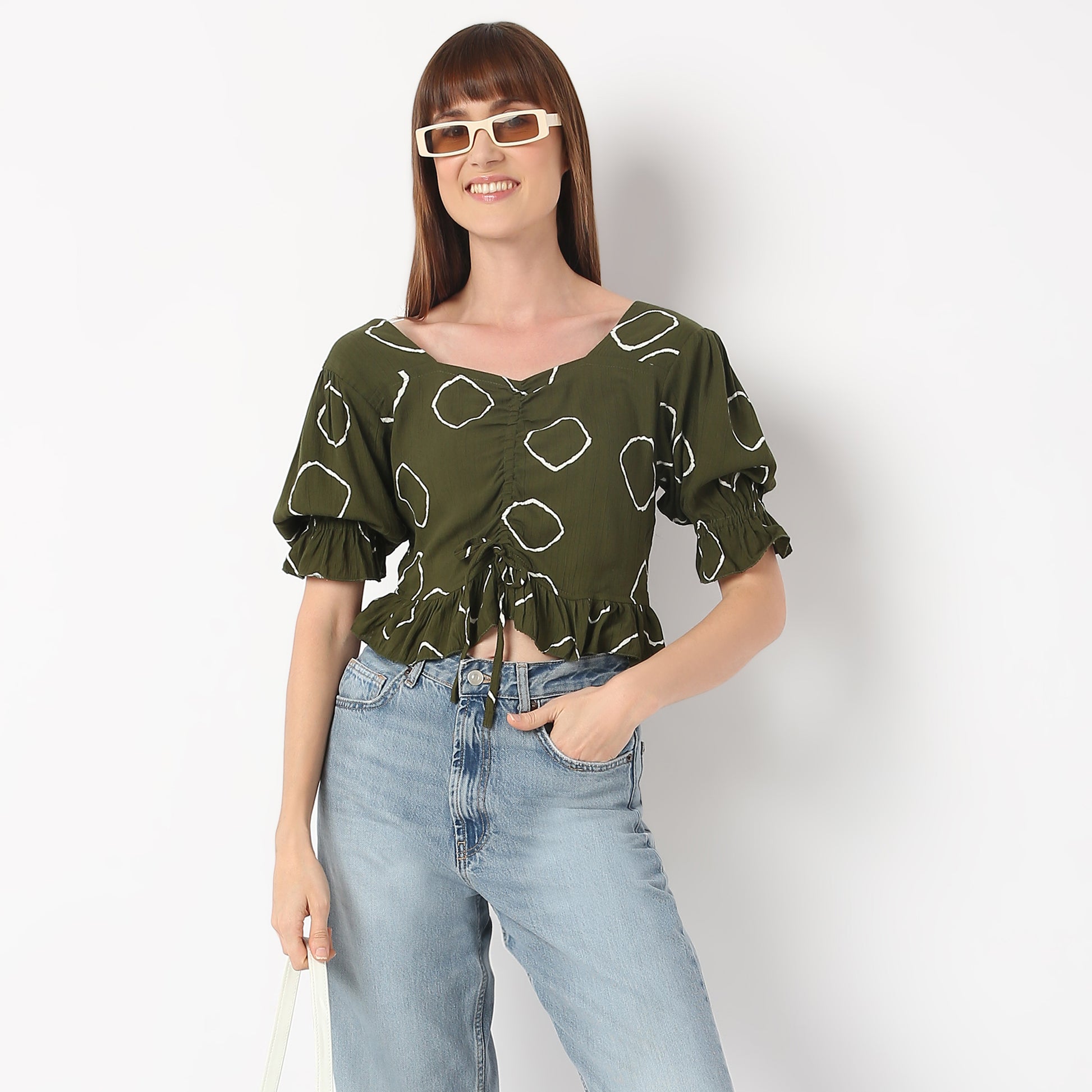 Regular Fit Printed Sweetheart Neck Crop Top