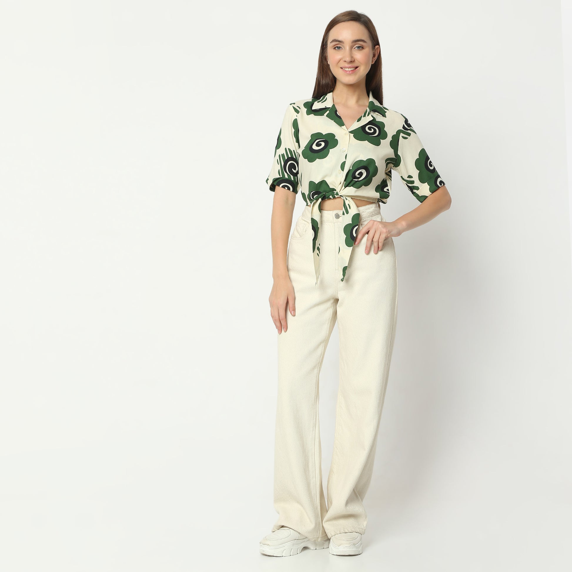 Regular Fit Printed Lapel Collar Crop Length Top Crop Top