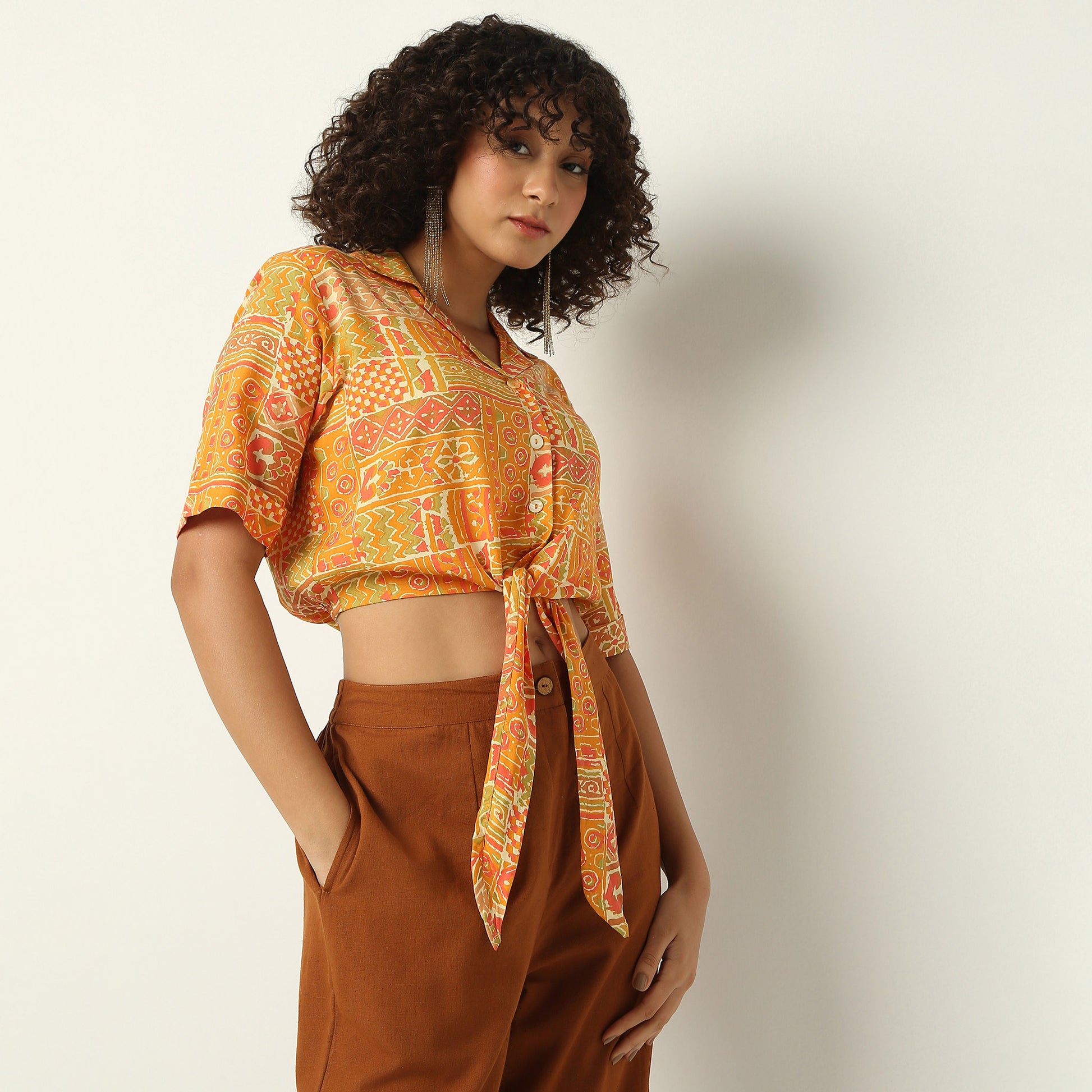 Regular Fit Printed Lapel Collar Crop Top