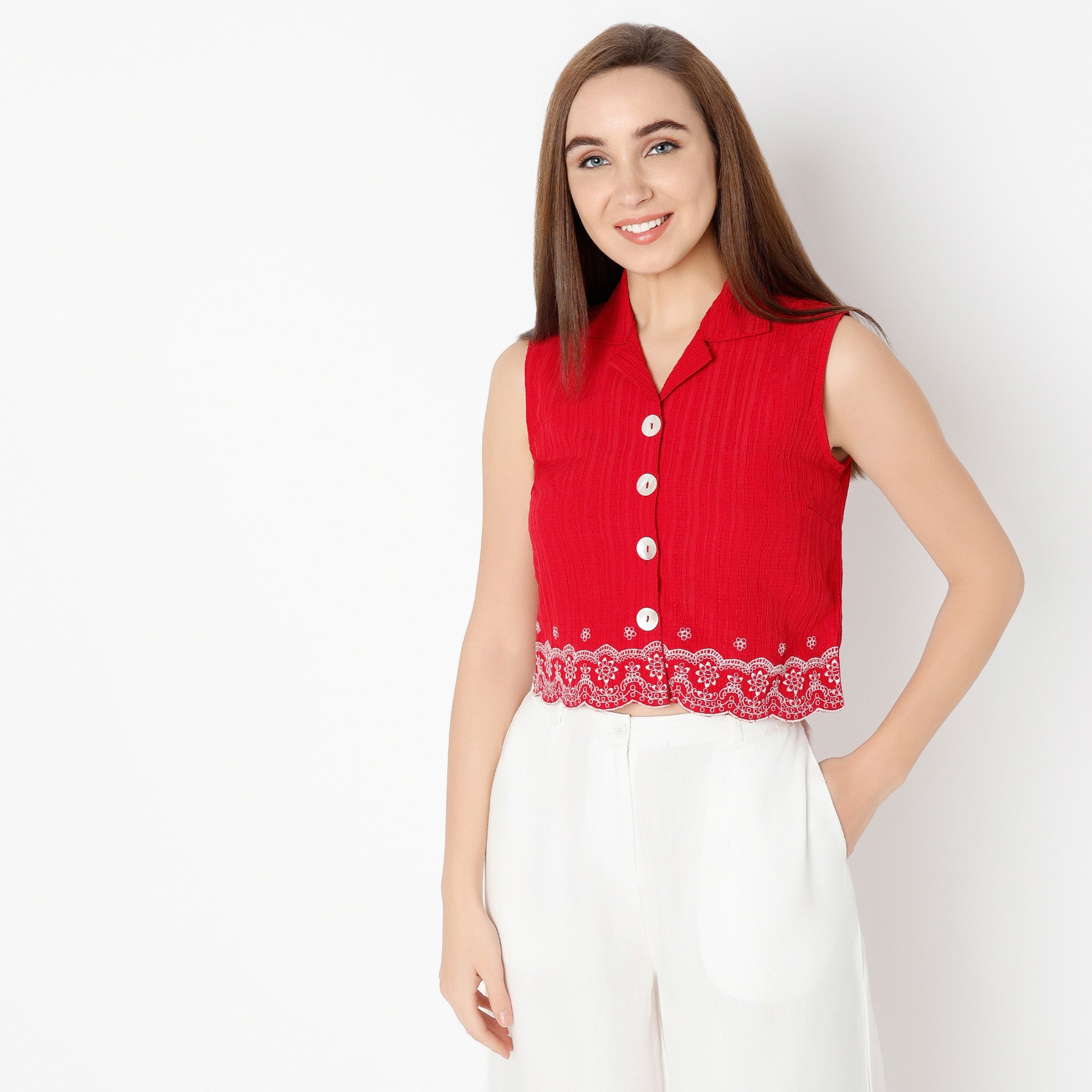 Embroidered Sleeveless Crop Top