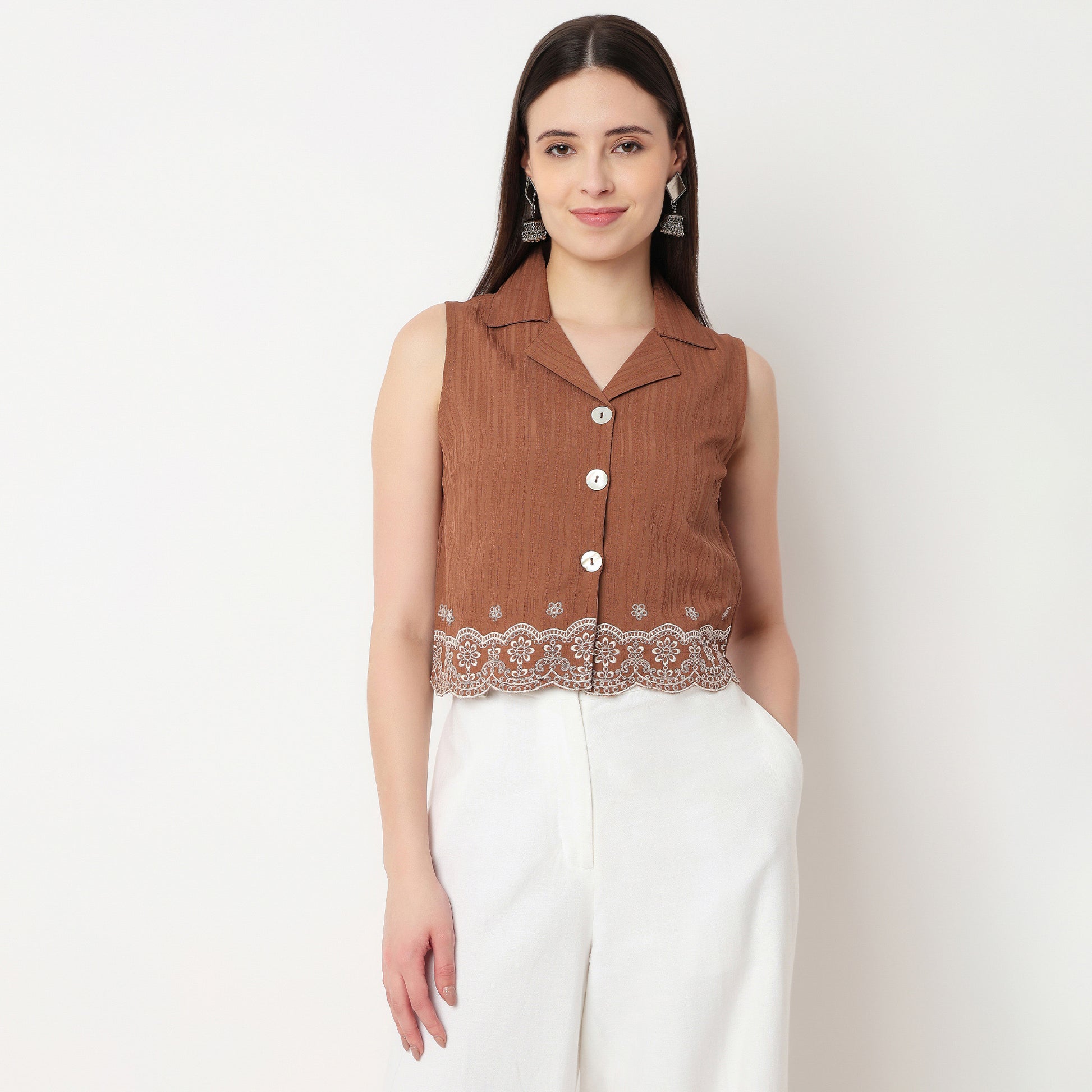 Embroidered Sleeveless Crop Top