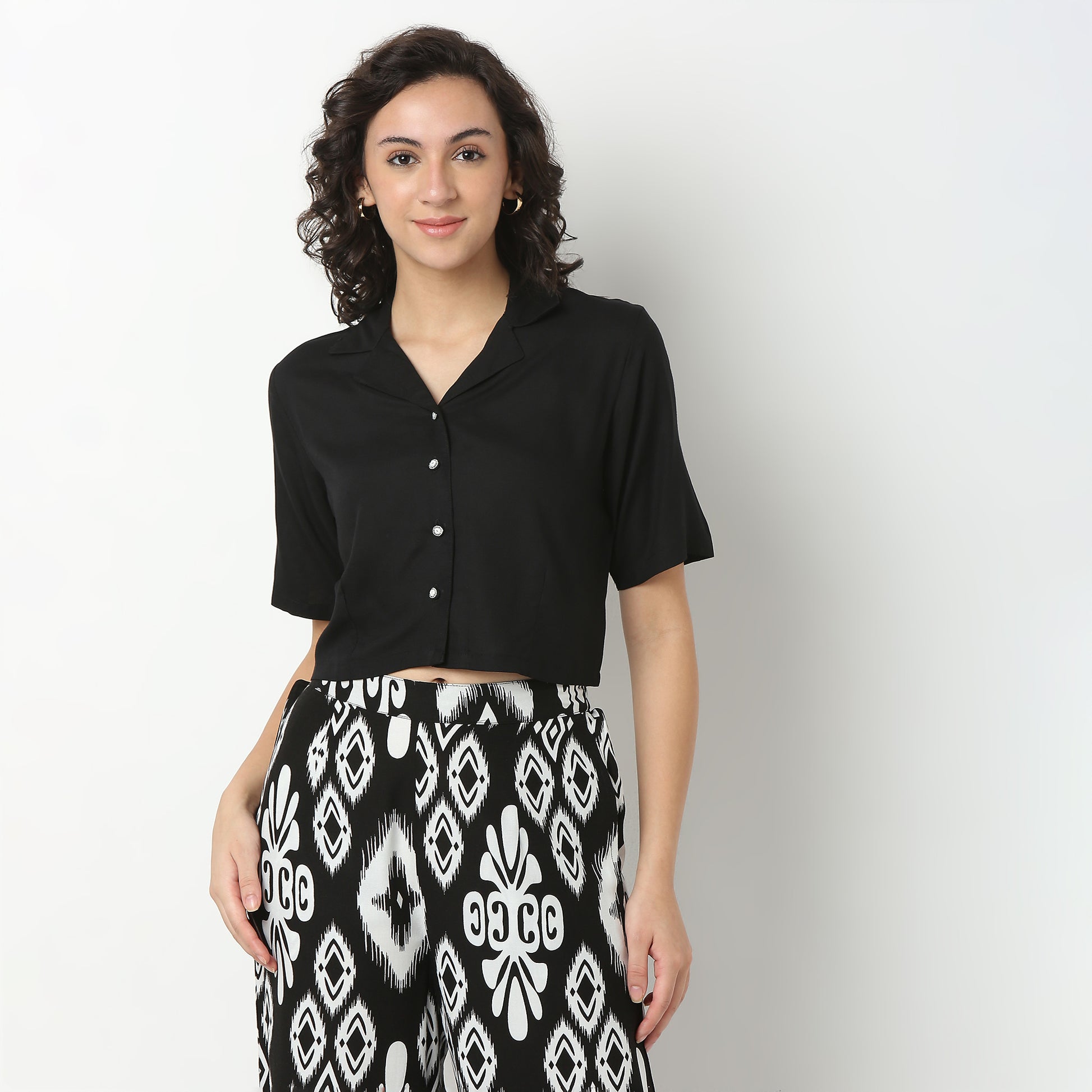 Rayon Crop Top with Lapel Collar