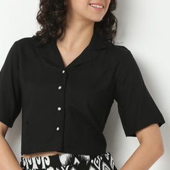 Rayon Crop Top with Lapel Collar