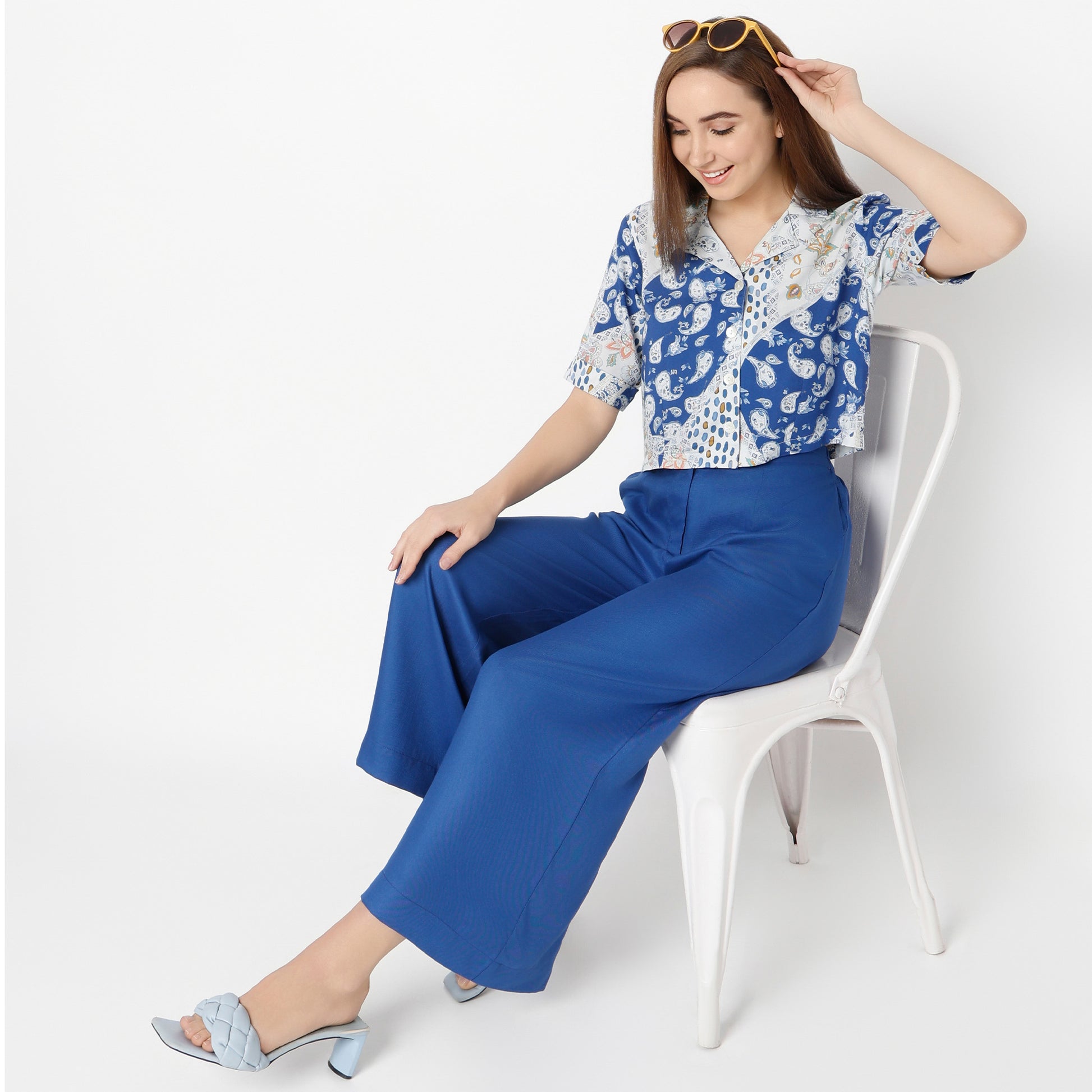 Printed Lapel Collar Straight Short Sleeve Crop Shirt