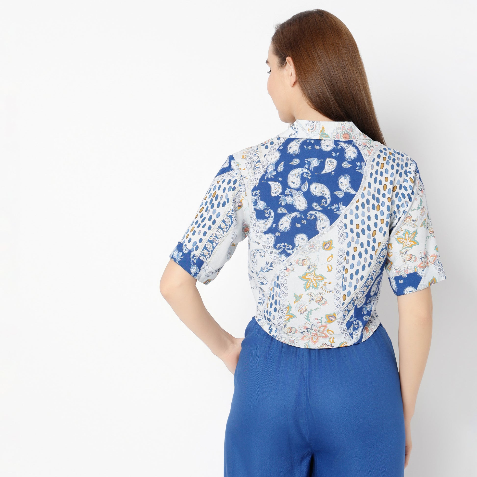 Printed Lapel Collar Straight Short Sleeve Crop Shirt