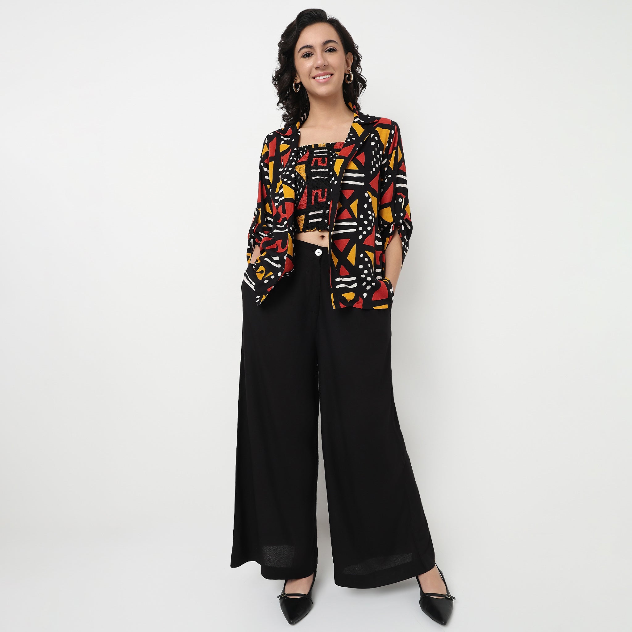 Order Now Women Print Lapel Collar Straight Regular Fit Ethnic Wear Shrug by Style Union