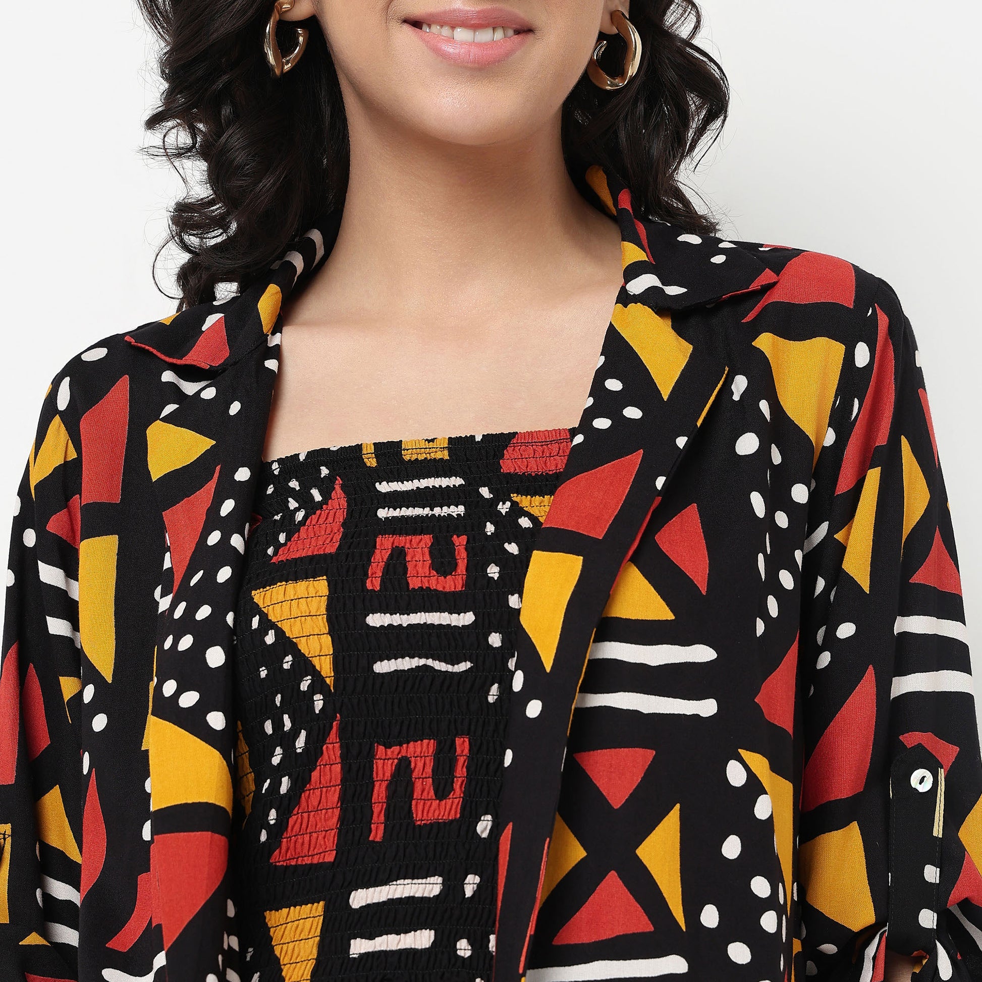 Order Now Women Print Lapel Collar Straight Regular Fit Ethnic Wear Shrug by Style Union