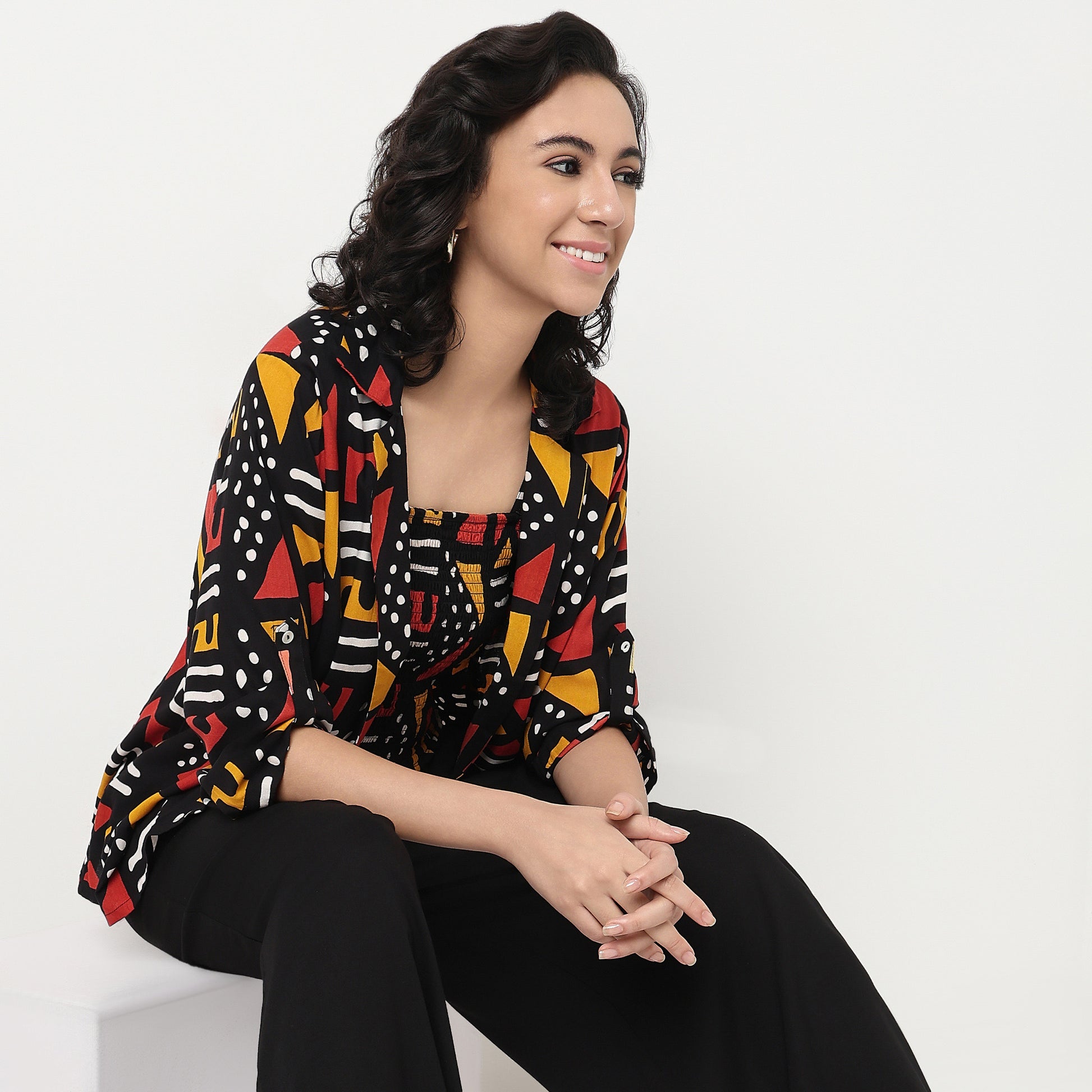 Order Now Women Print Lapel Collar Straight Regular Fit Ethnic Wear Shrug by Style Union