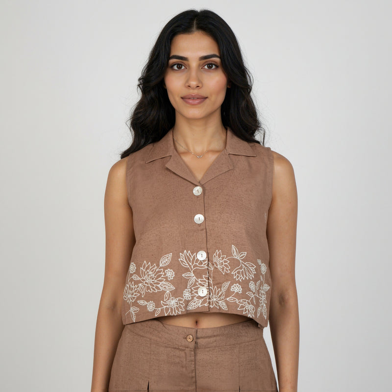 Lapel Collar Sleeveless Crop Top