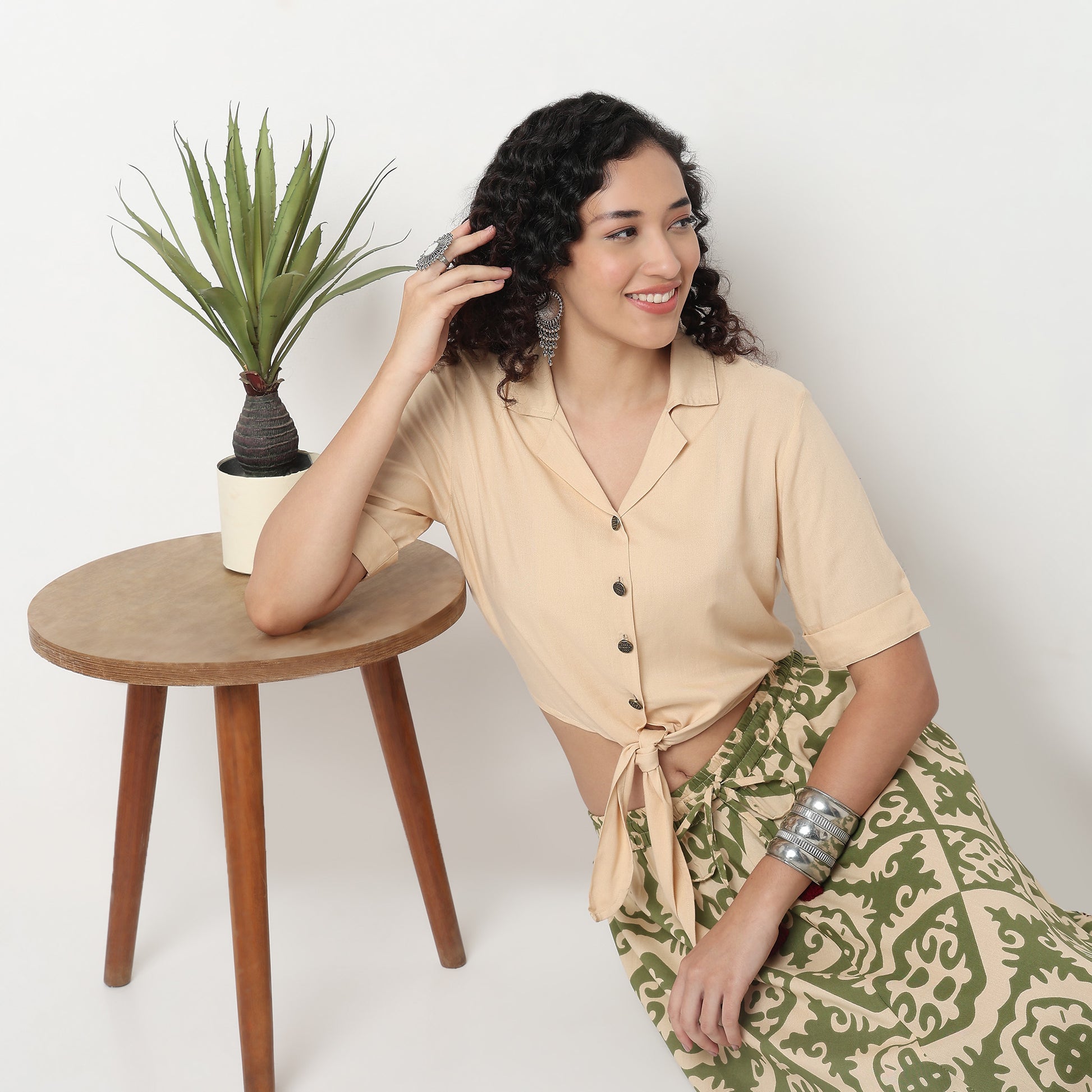 Rayon Crop Top with Lapel Collar