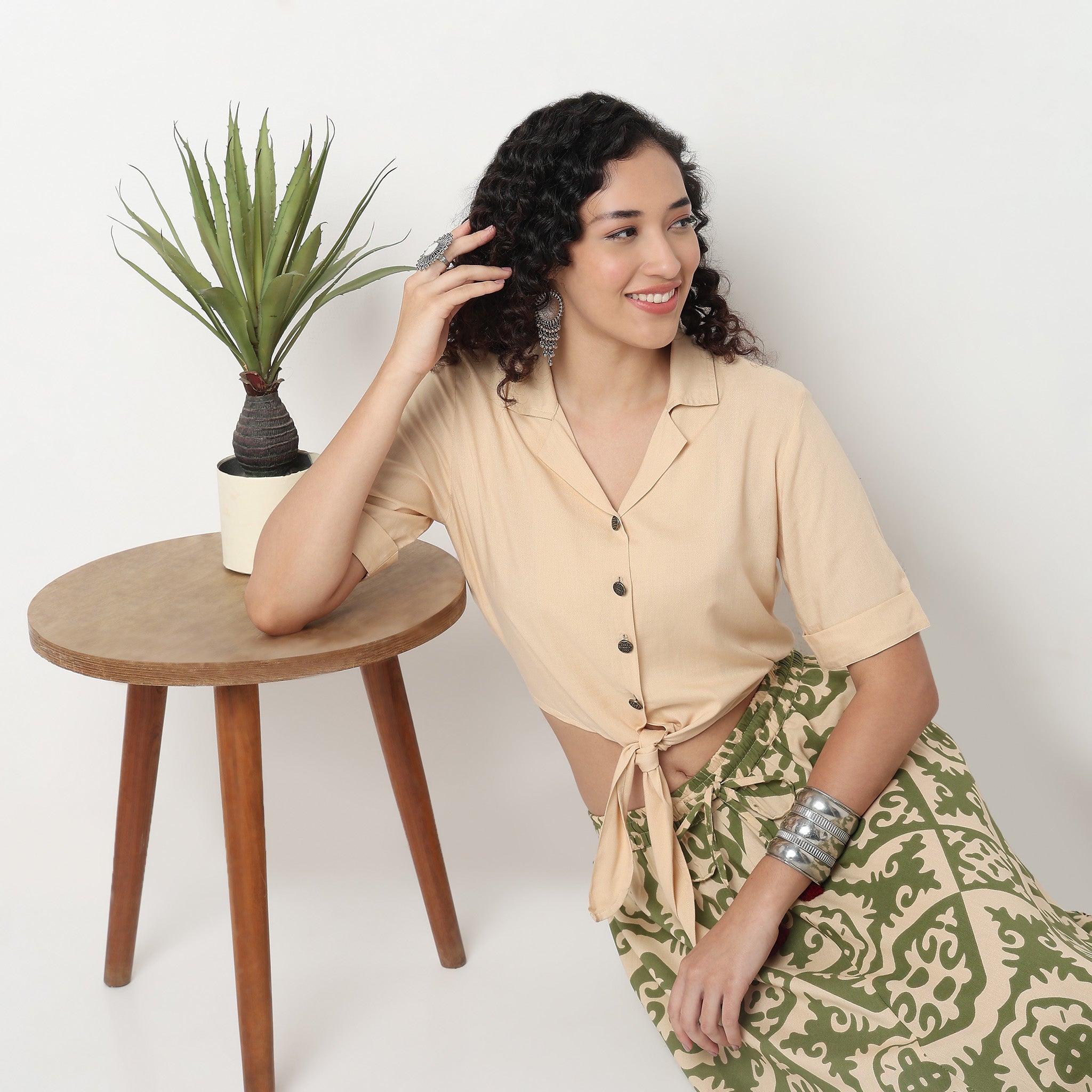 Rayon Crop Top with Lapel Collar