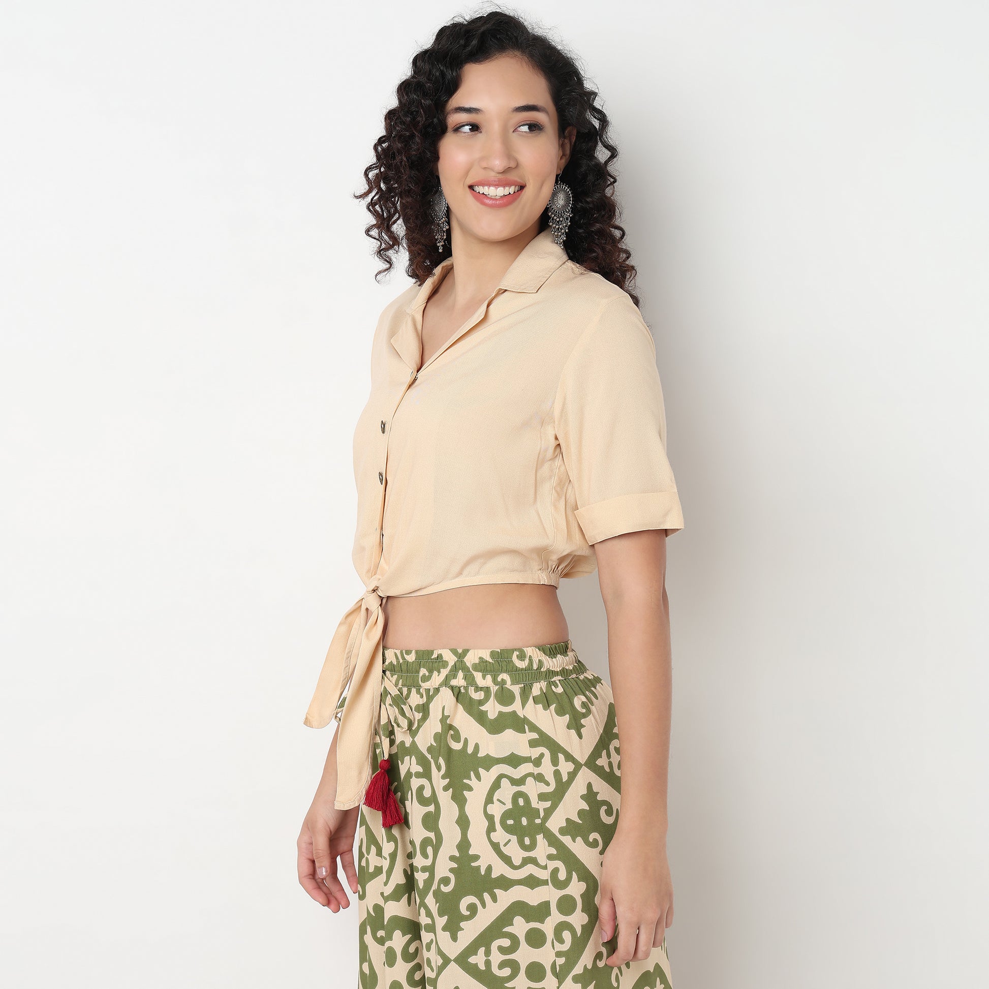 Rayon Crop Top with Lapel Collar