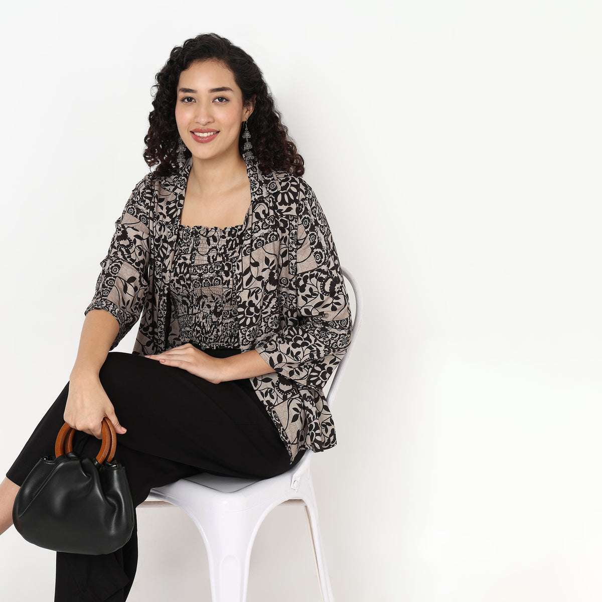 Smocked Crop Top With Lapel Collar Jacket Shrug