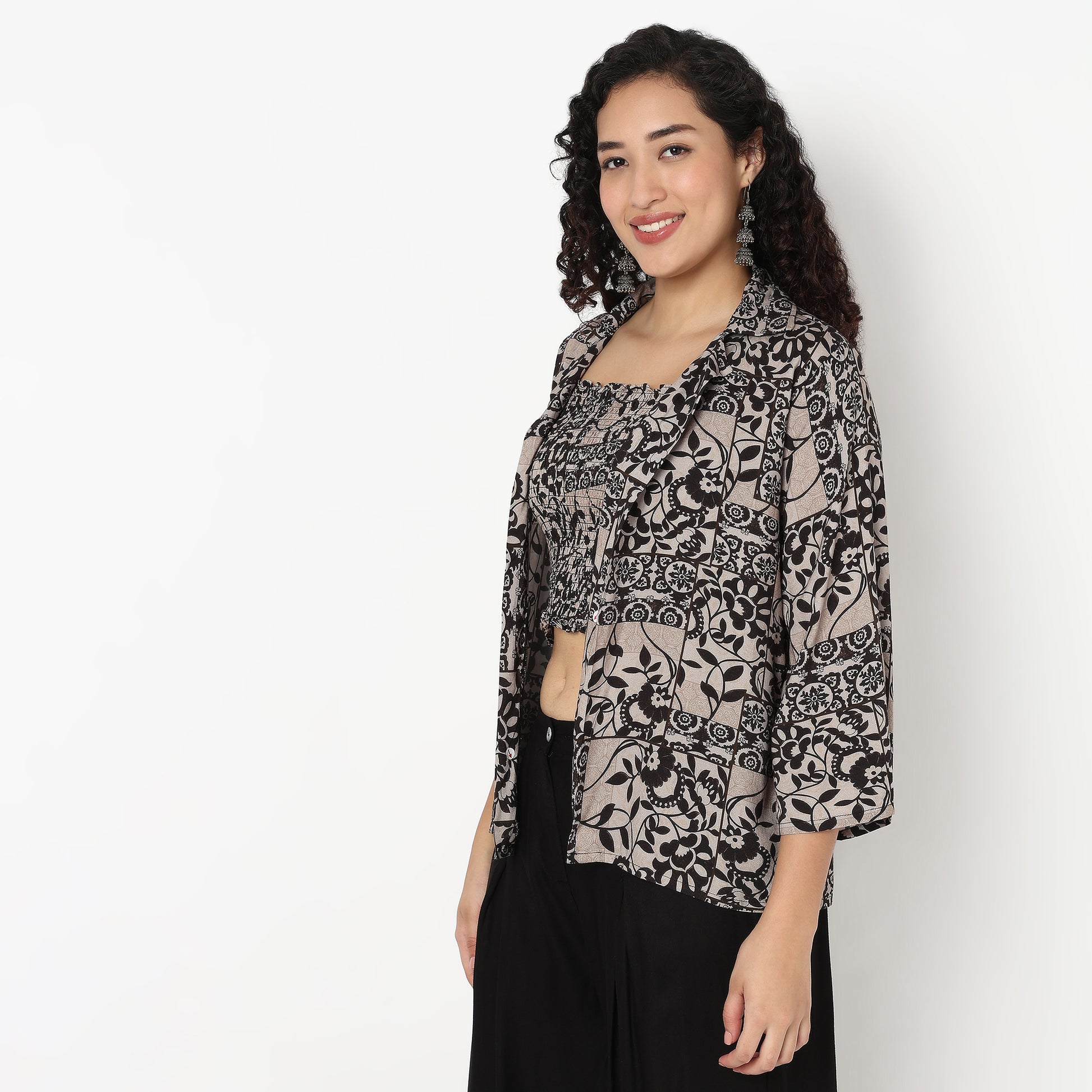 Smocked Crop Top With Lapel Collar Jacket Shrug