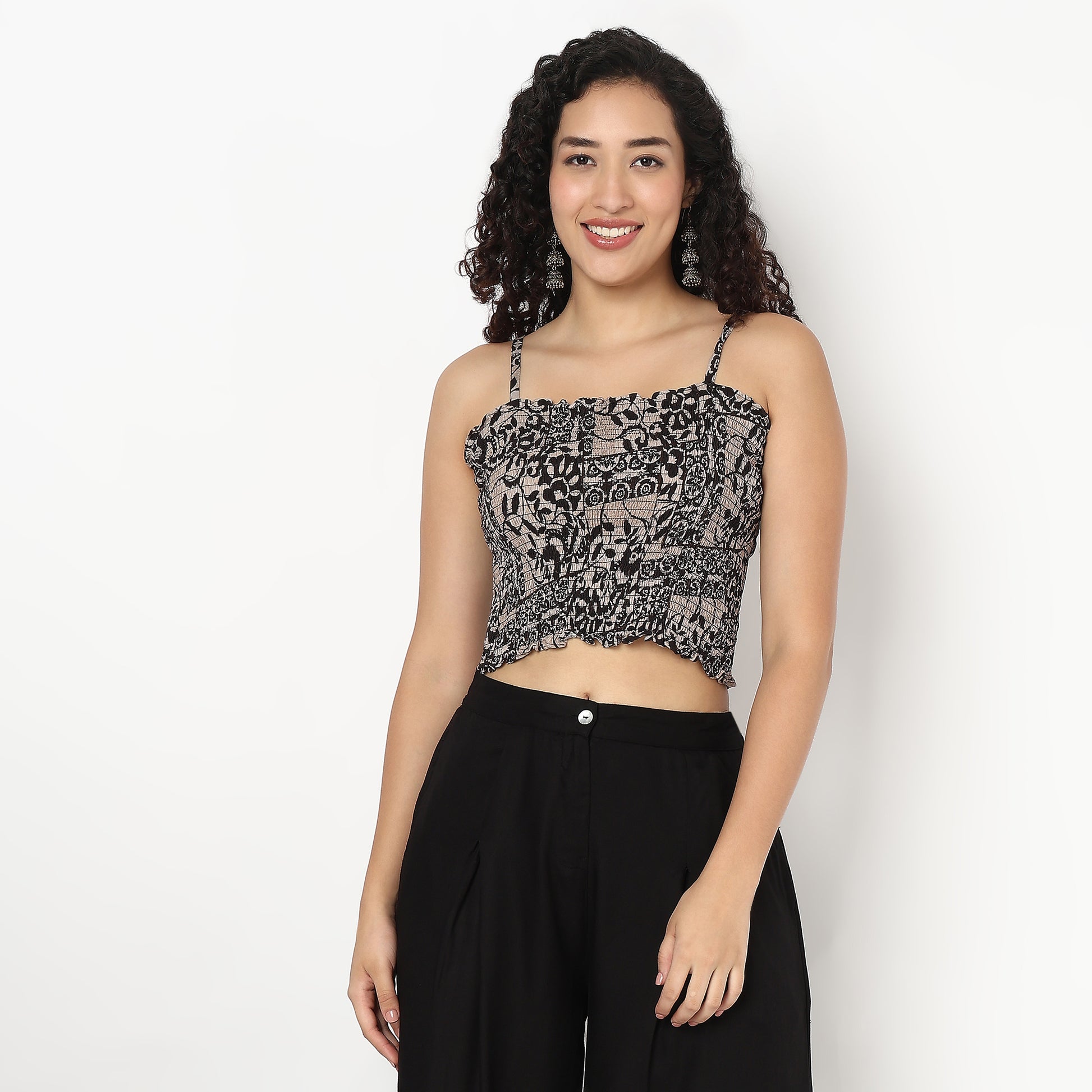 Smocked Crop Top With Lapel Collar Jacket Shrug