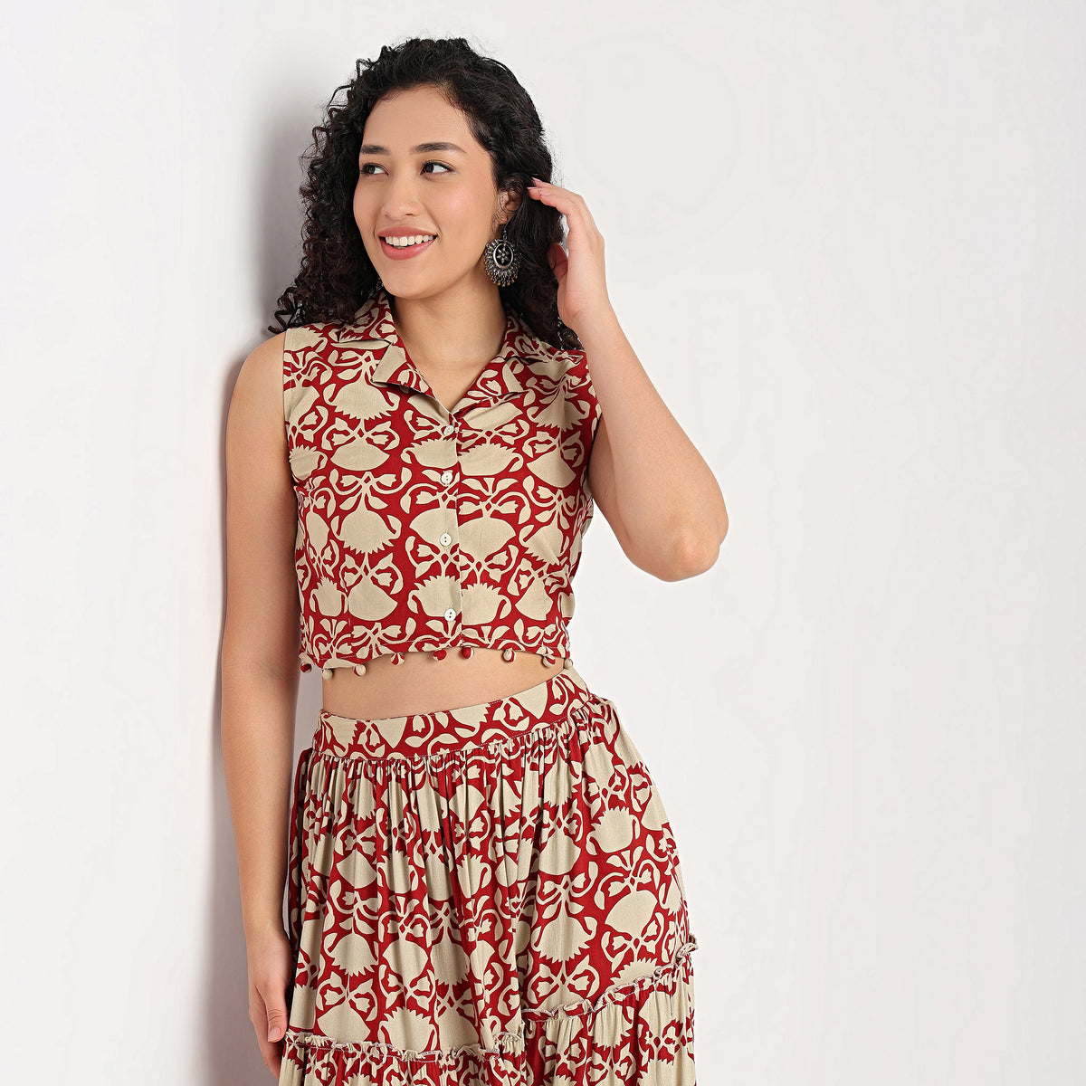 Printed Lapel Collar Crop Top