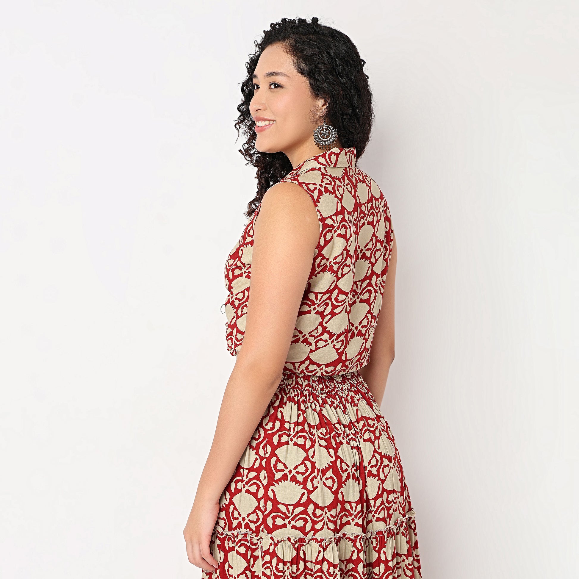 Printed Lapel Collar Crop Top