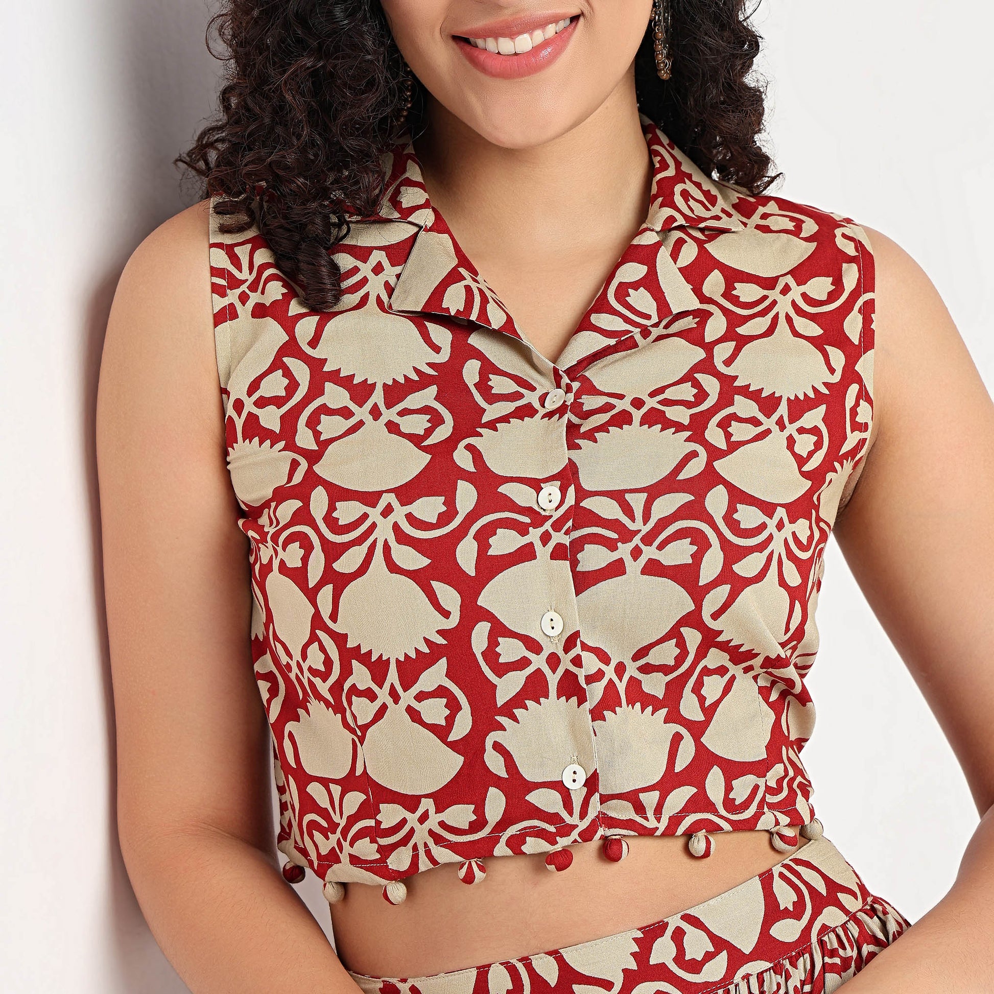 Printed Lapel Collar Crop Top