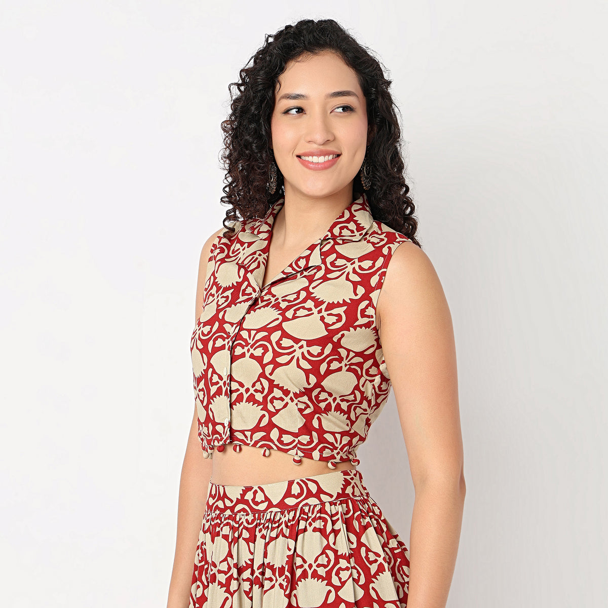Printed Lapel Collar Crop Top