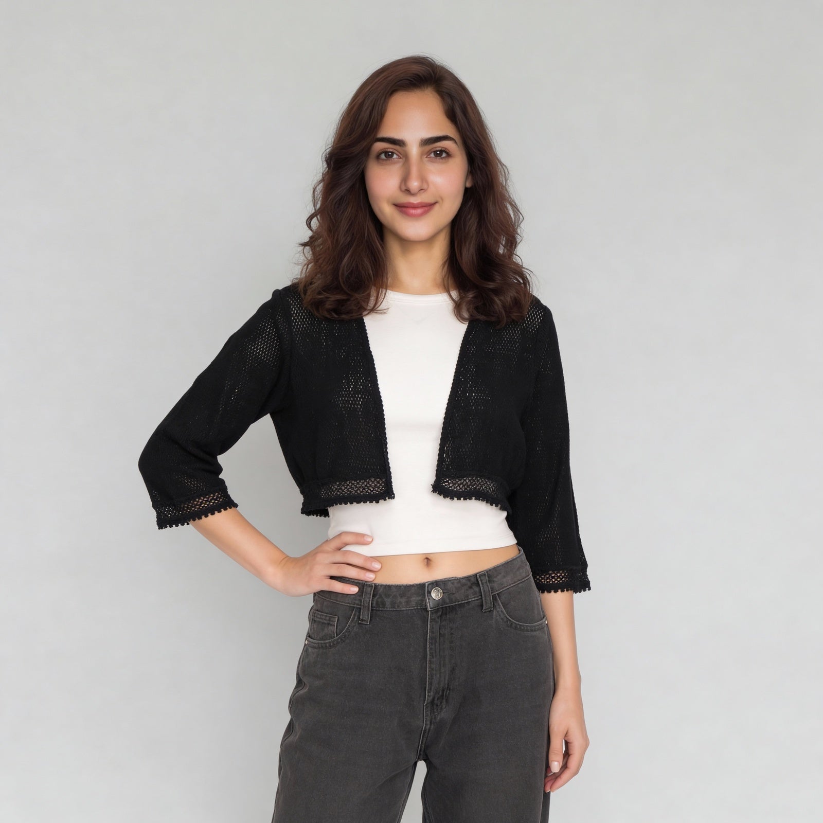 Cotton Lace Three-Fourth Sleeve Shrug