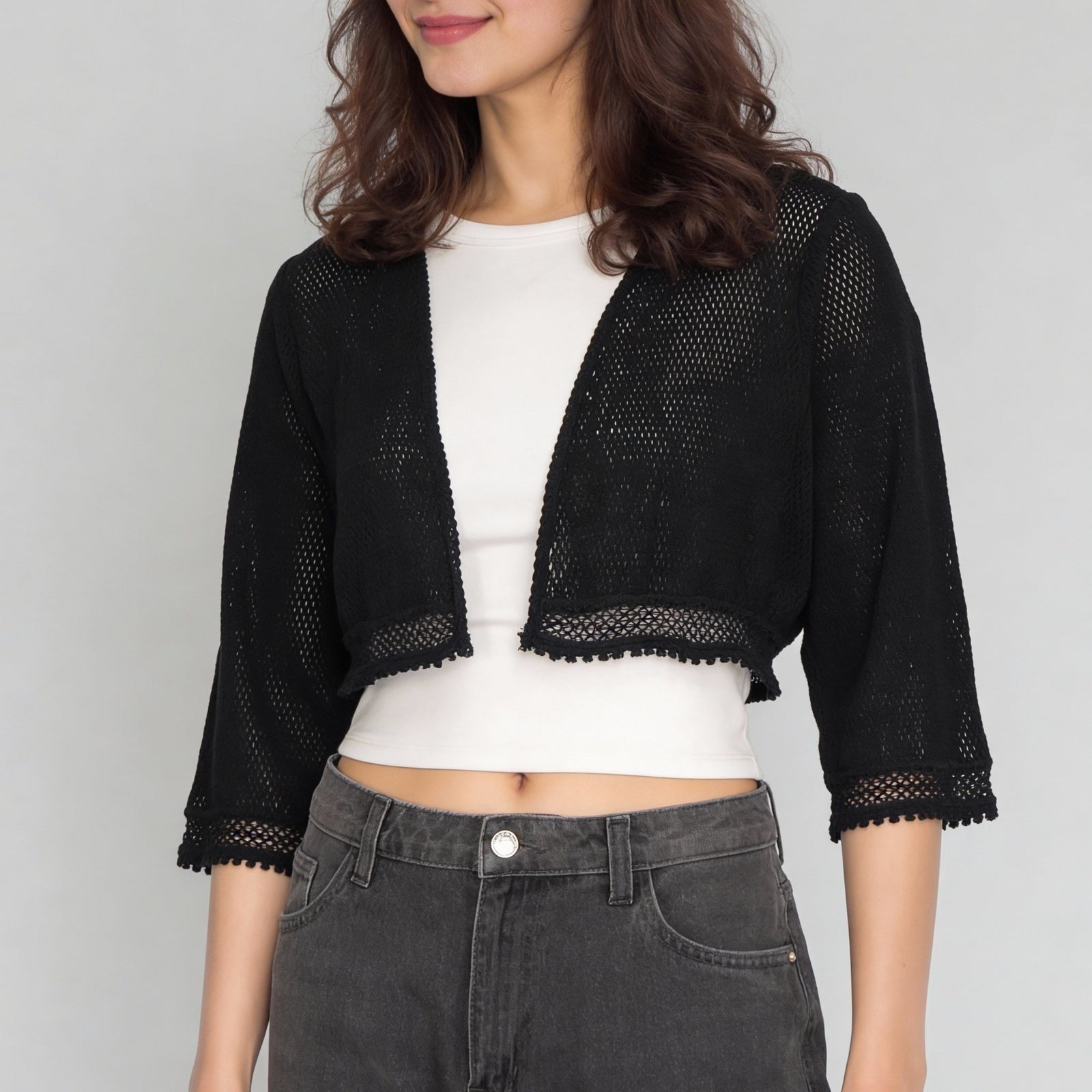 Cotton Lace Three-Fourth Sleeve Shrug