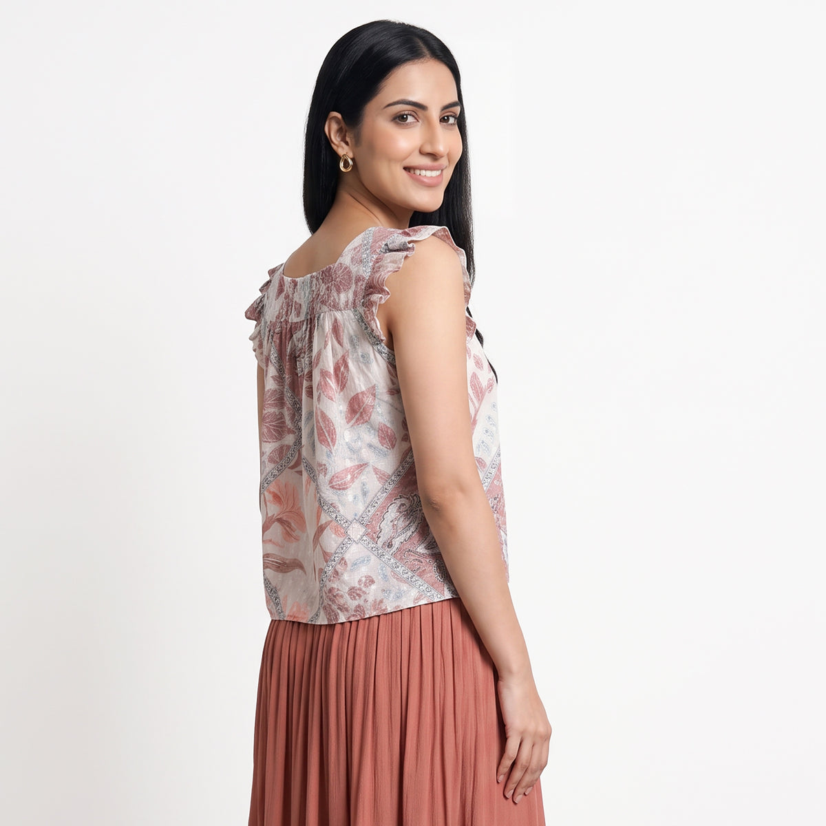 Printed Shoulder Straps Sleeve Crop Tops