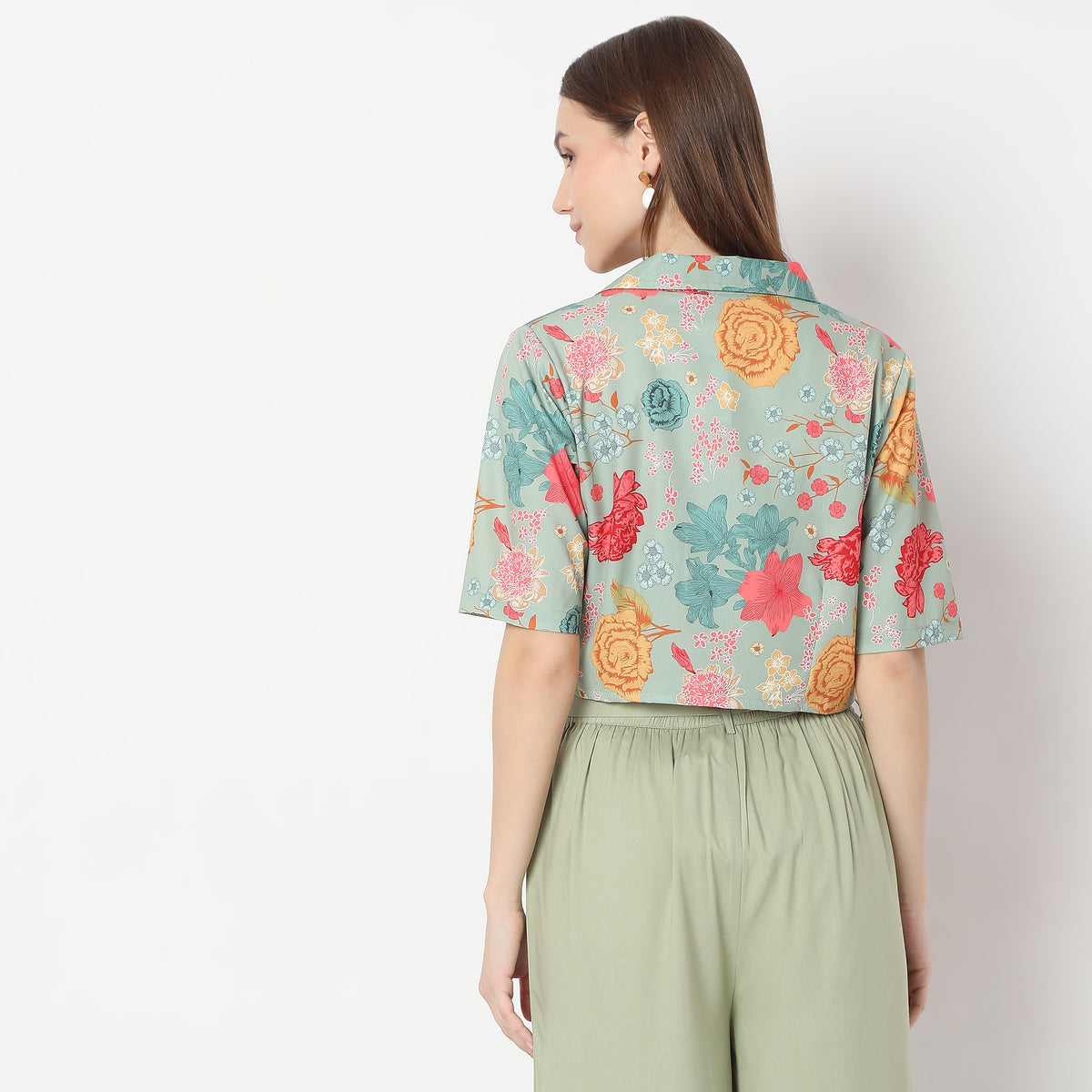 Floral Print Camp Collar Abstract Crop Top