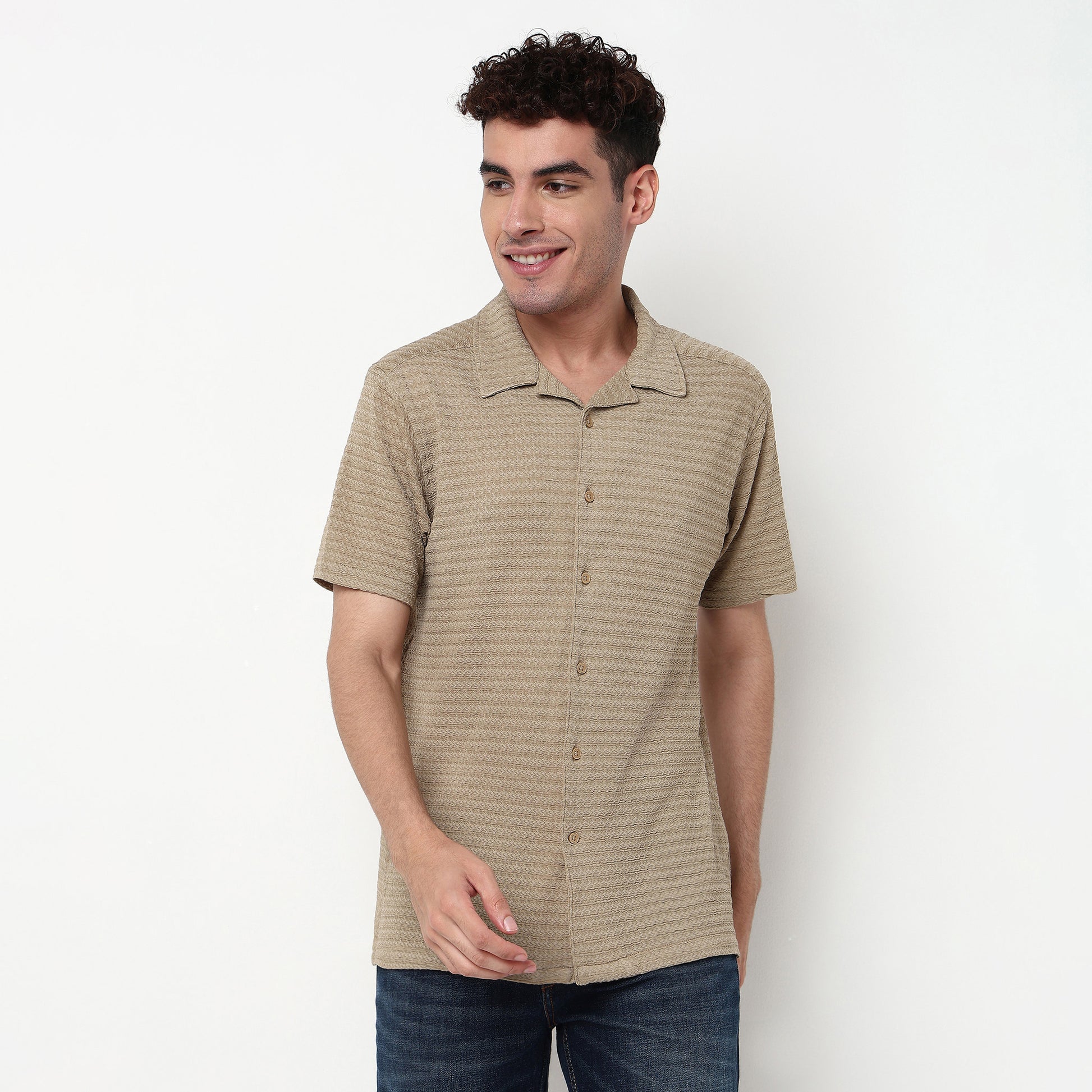 Structured Polyester Camp Collar Shirt