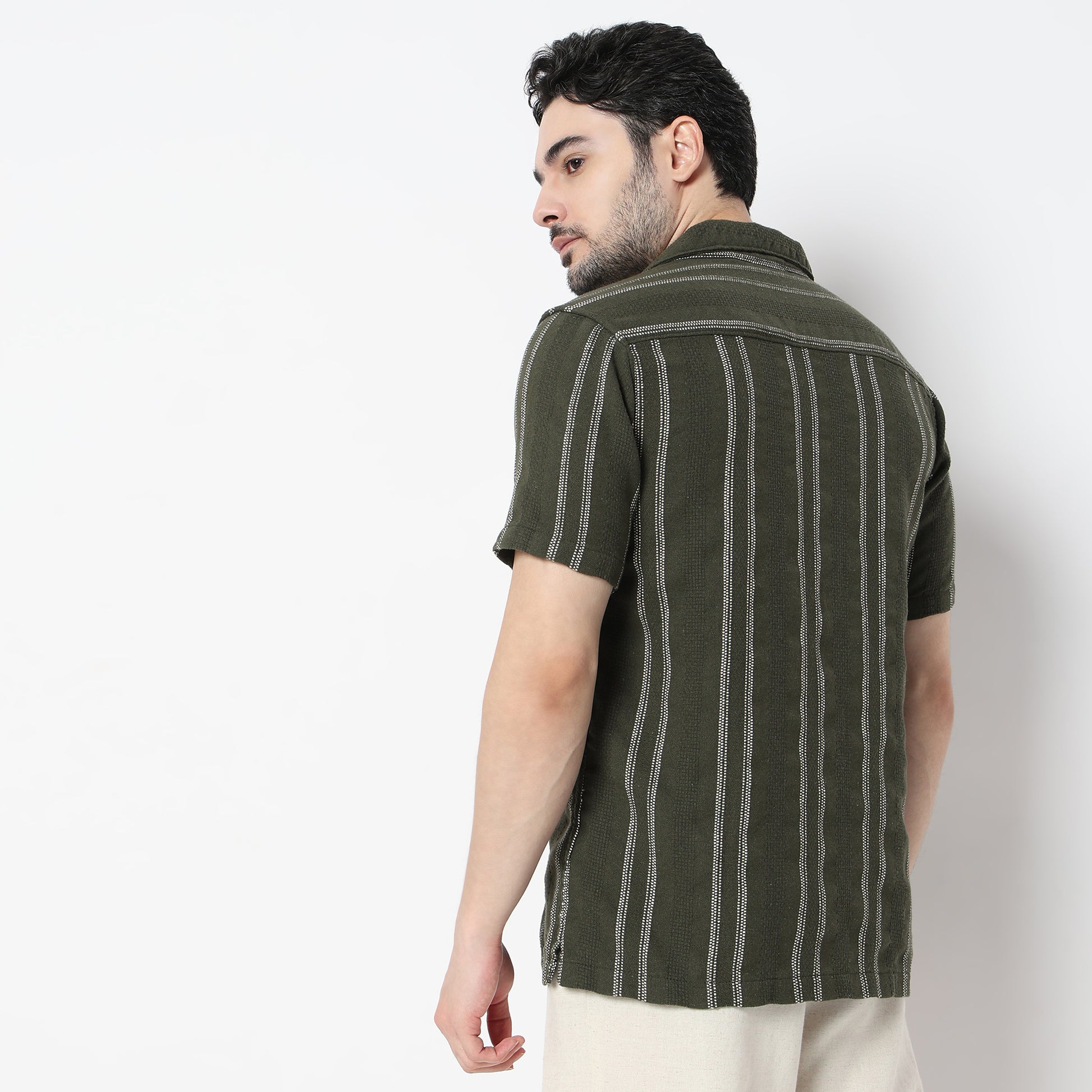 Regular Fit Striped Camp Collar Shirt