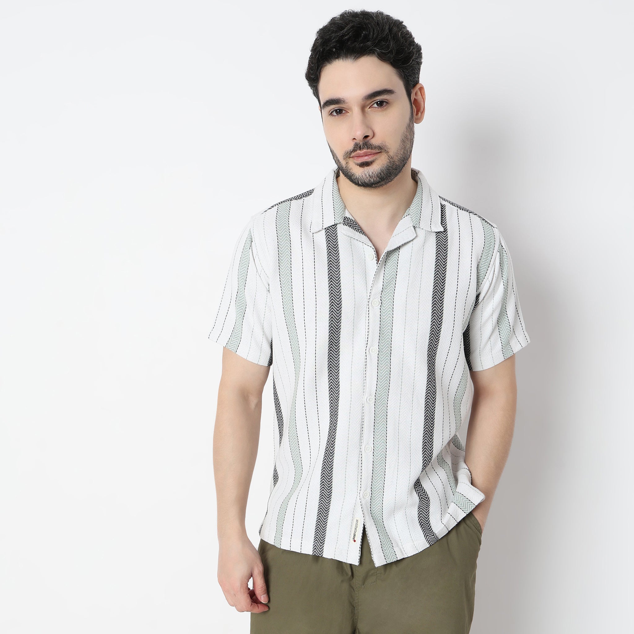 Regular Fit Striped Camp Collar Shirt