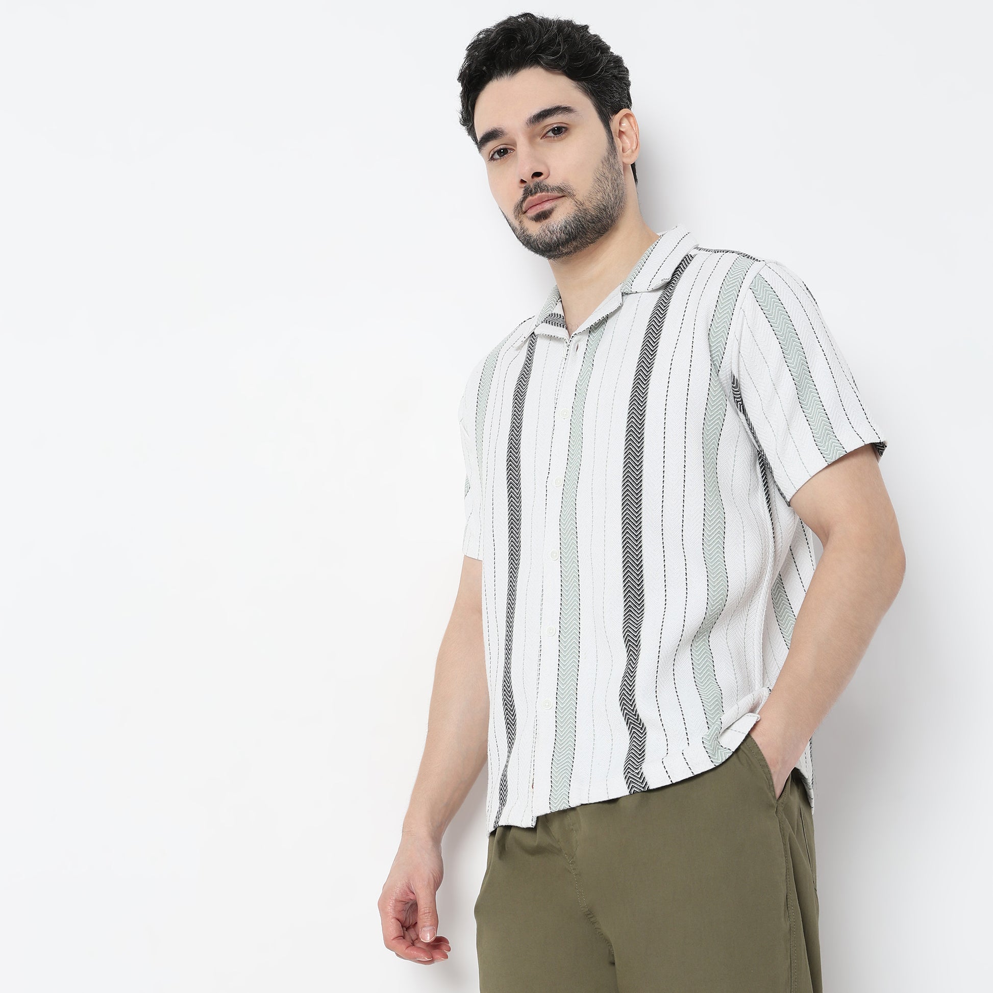 Regular Fit Striped Camp Collar Shirt