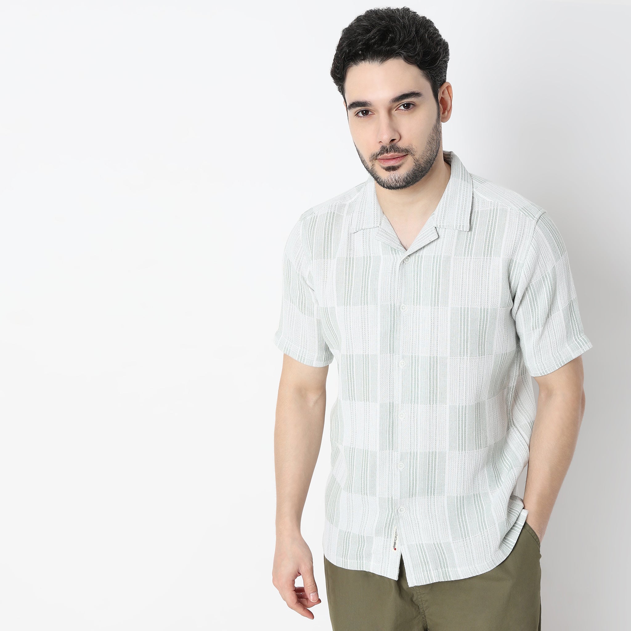 Regular Fit Striped Camp Collar Shirt
