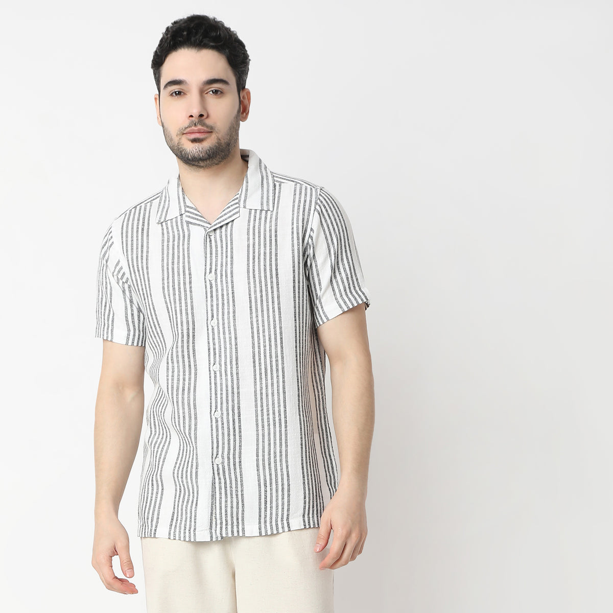 Striped Camp Collar Modern Smart Mood Half Sleeve Shirt