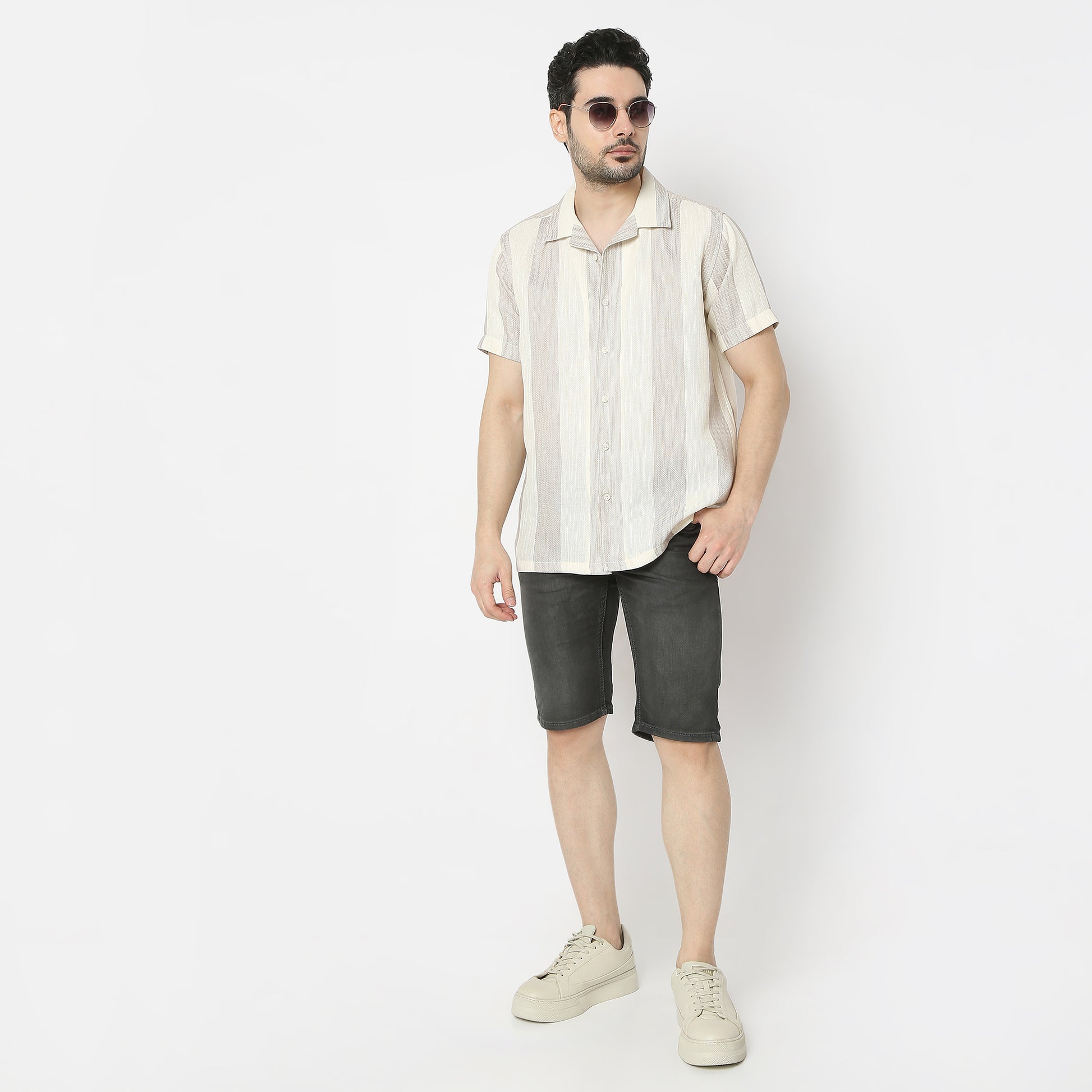 Regular Fit Striped Camp Collar Regular Length Shirt