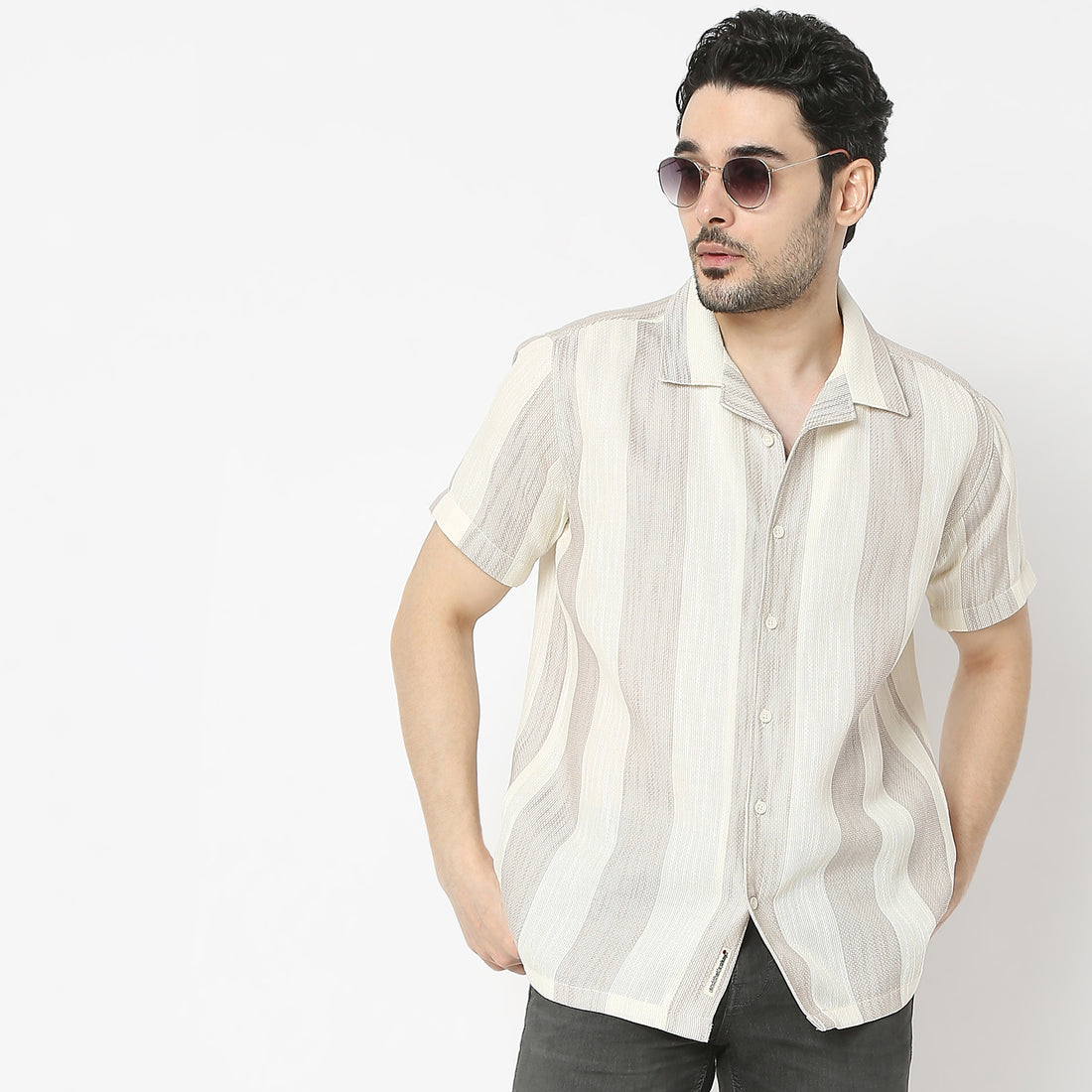 Regular Fit Striped Camp Collar Regular Length Shirt