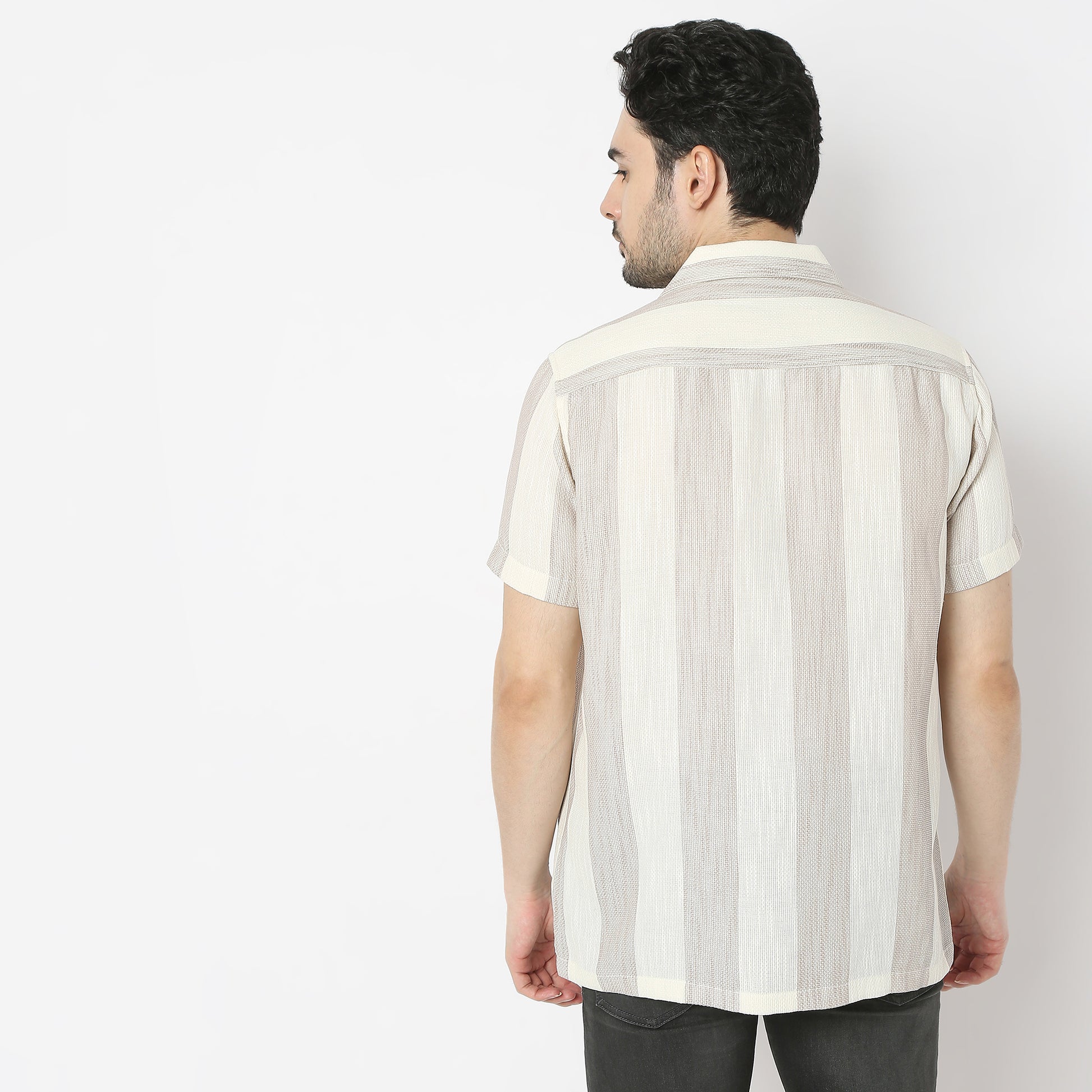 Regular Fit Striped Camp Collar Regular Length Shirt