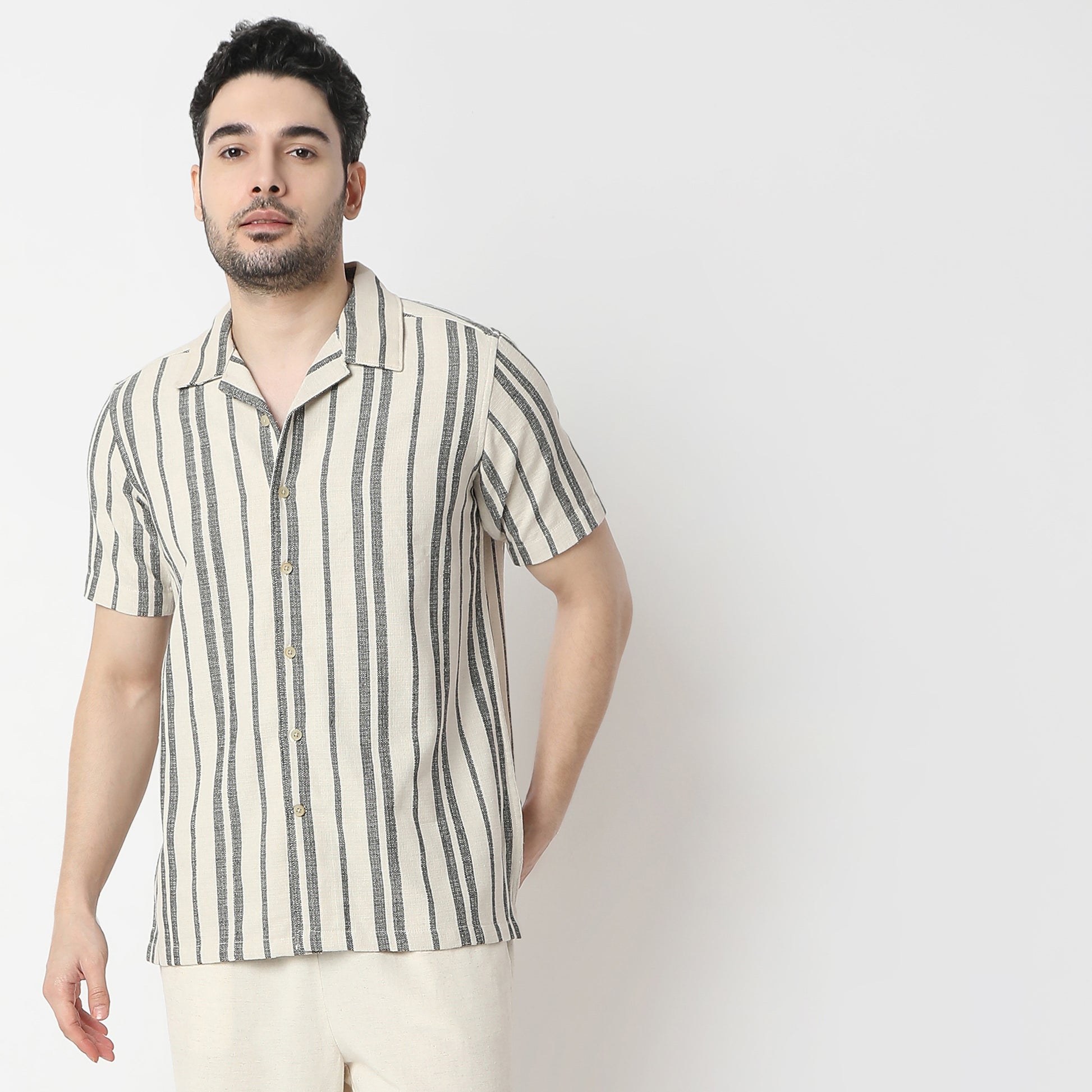 Striped Modern Smart Mood Camp Collar Half Sleeve Shirt