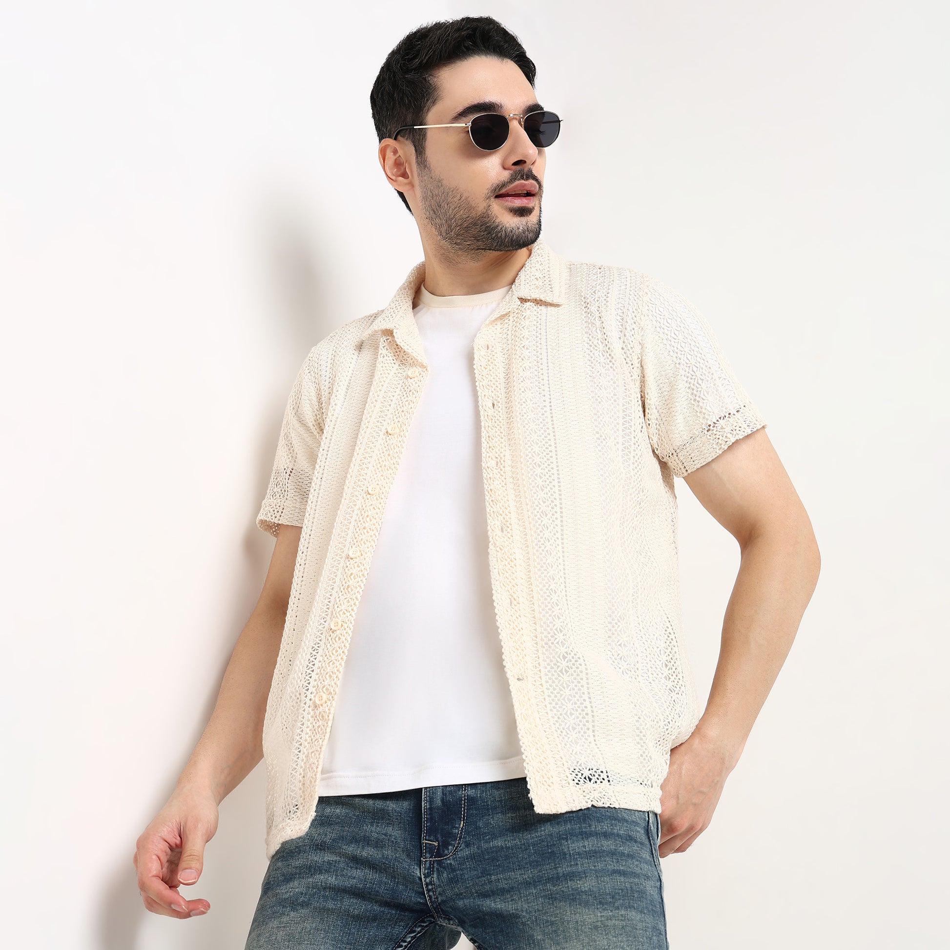 Crochet Camp Collar Cotton Shirt