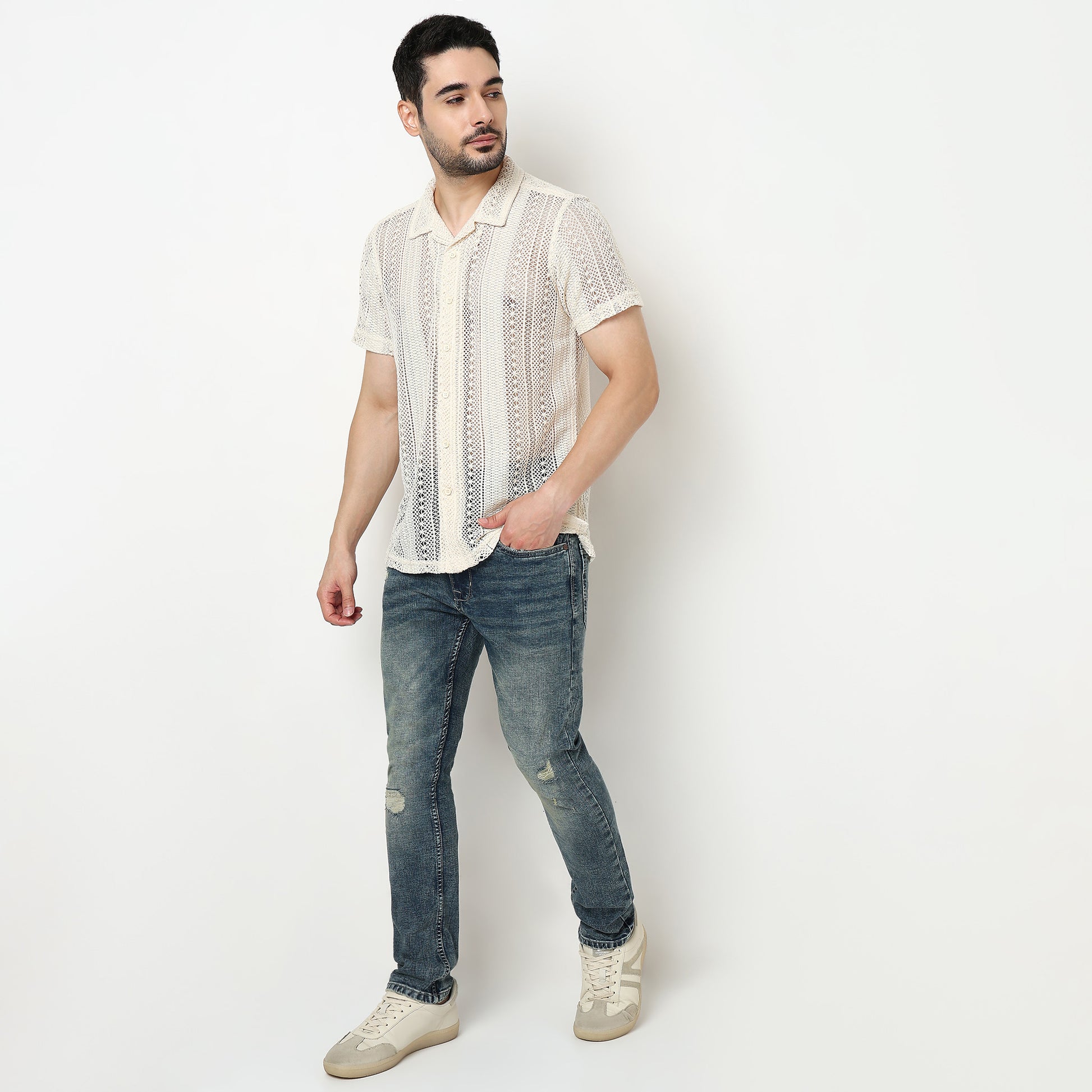 Crochet Camp Collar Cotton Shirt