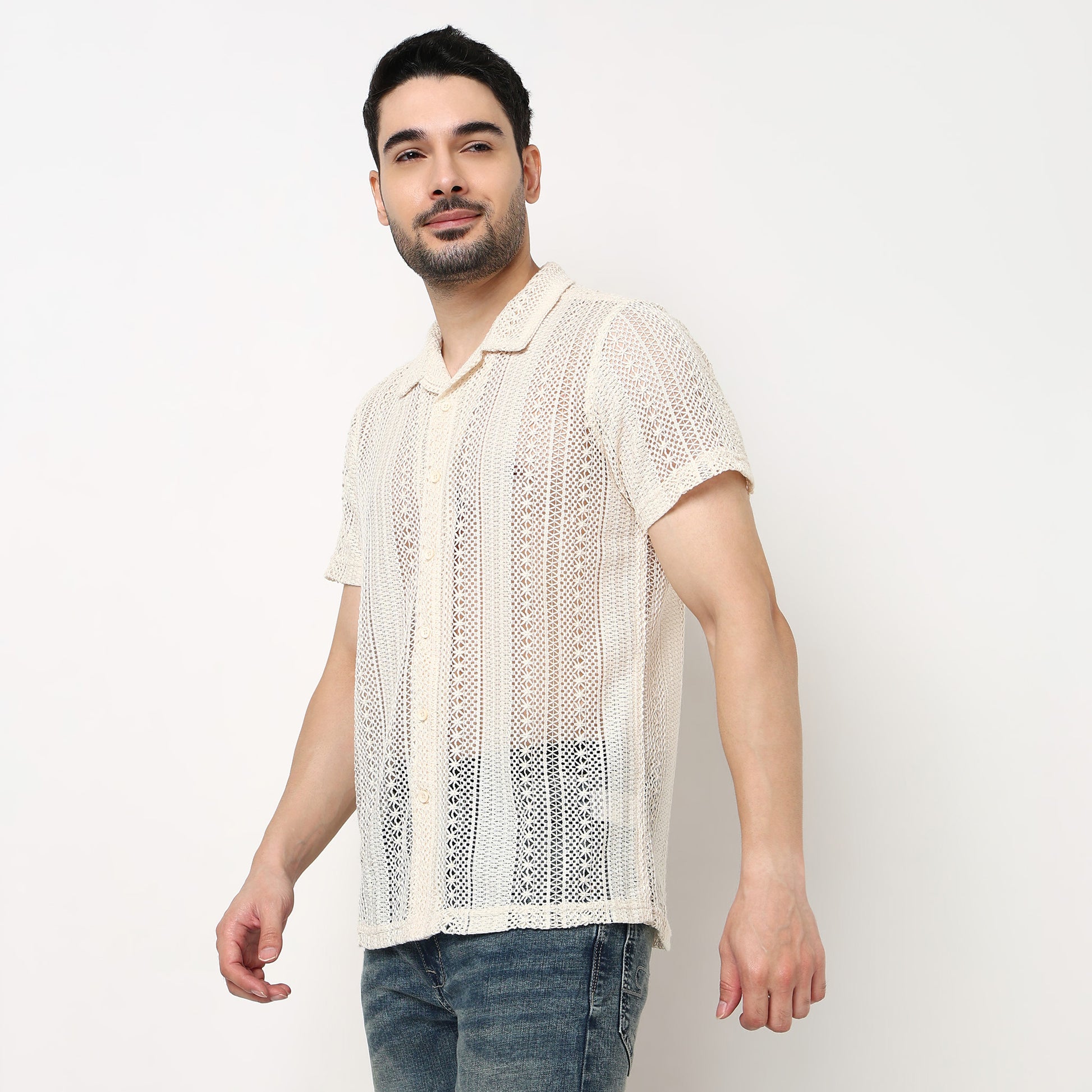 Crochet Camp Collar Cotton Shirt