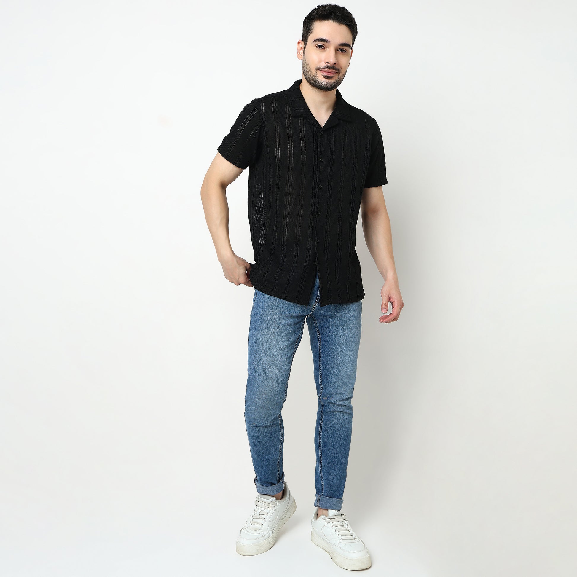 Crochet Camp Collar Cotton Shirt