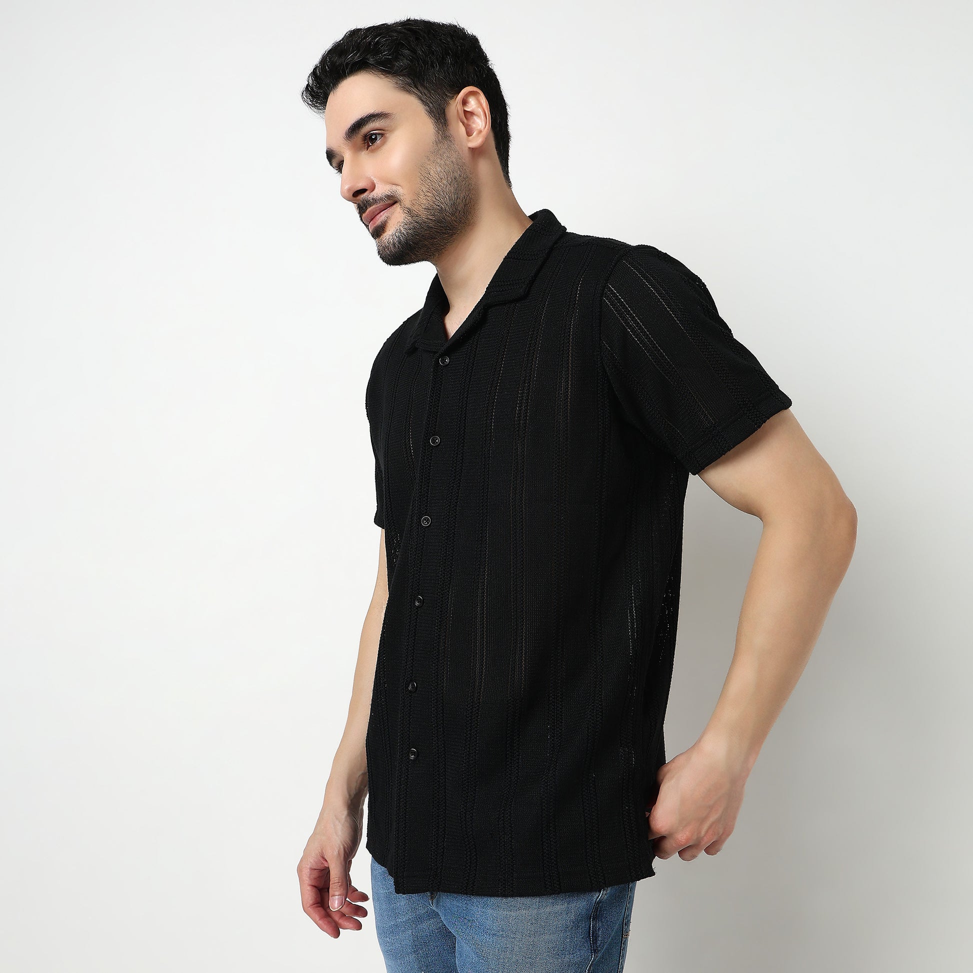 Crochet Camp Collar Cotton Shirt