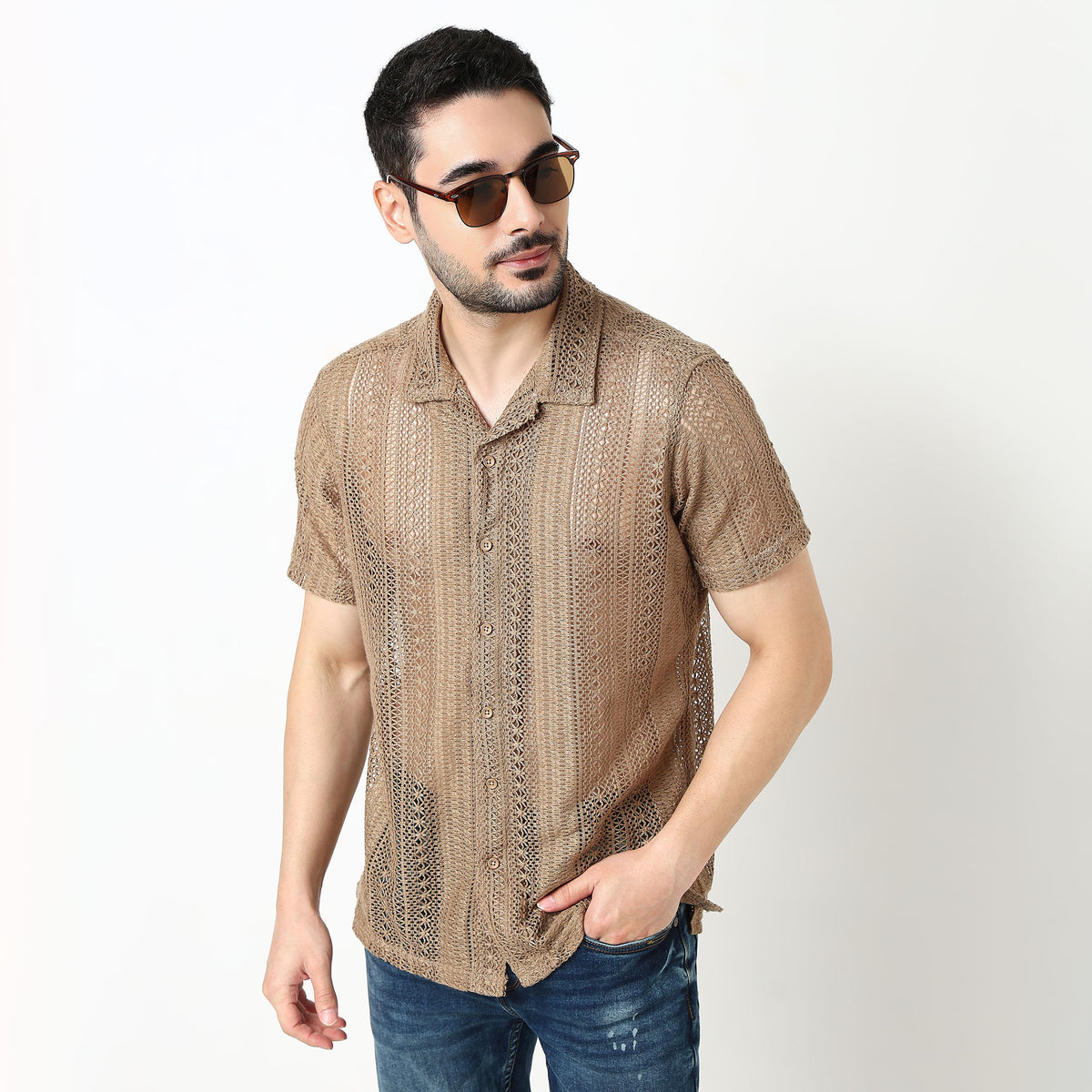 Crochet Camp Collar Cotton Shirt