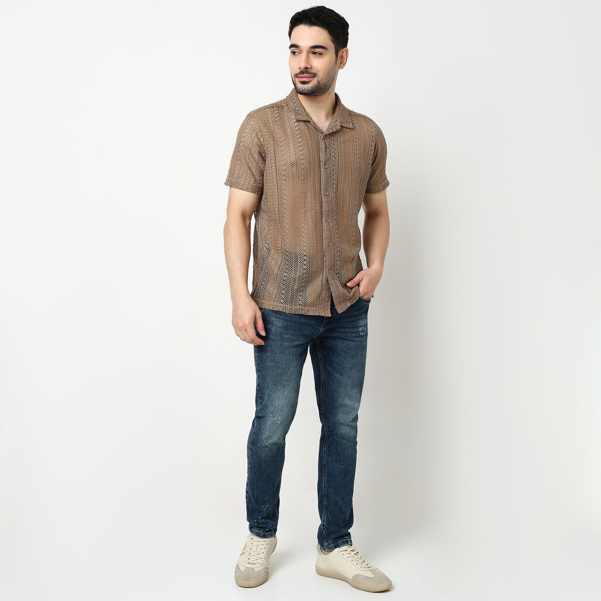 Crochet Camp Collar Cotton Shirt